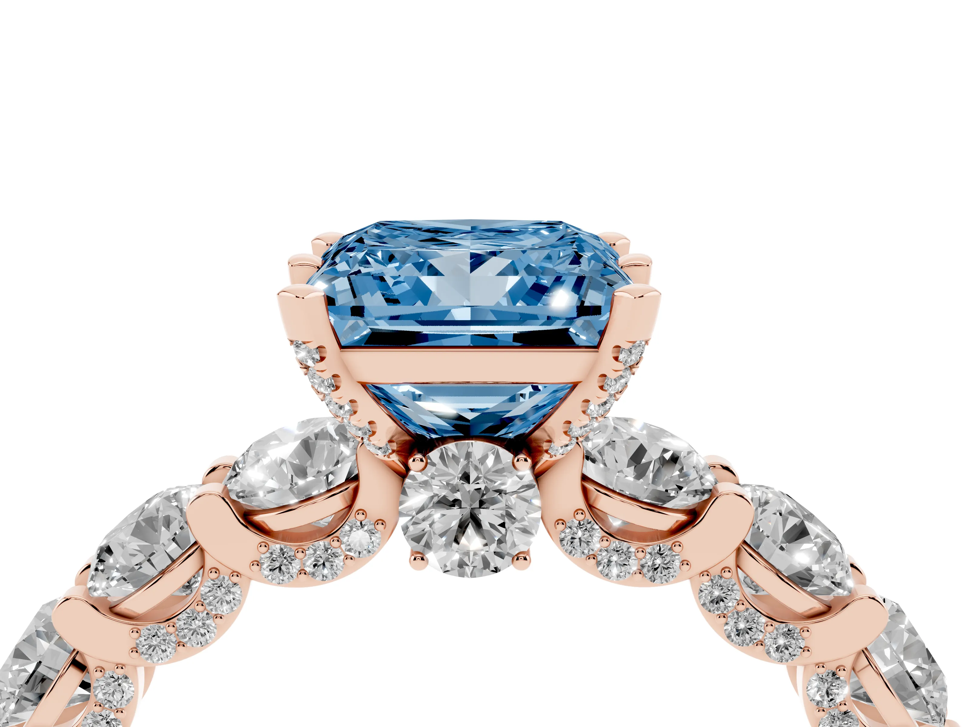Fancy Blue Princess Cut Diamond Side Stone Ring Set in Rose gold with Alternating Round and Oval Side Stones