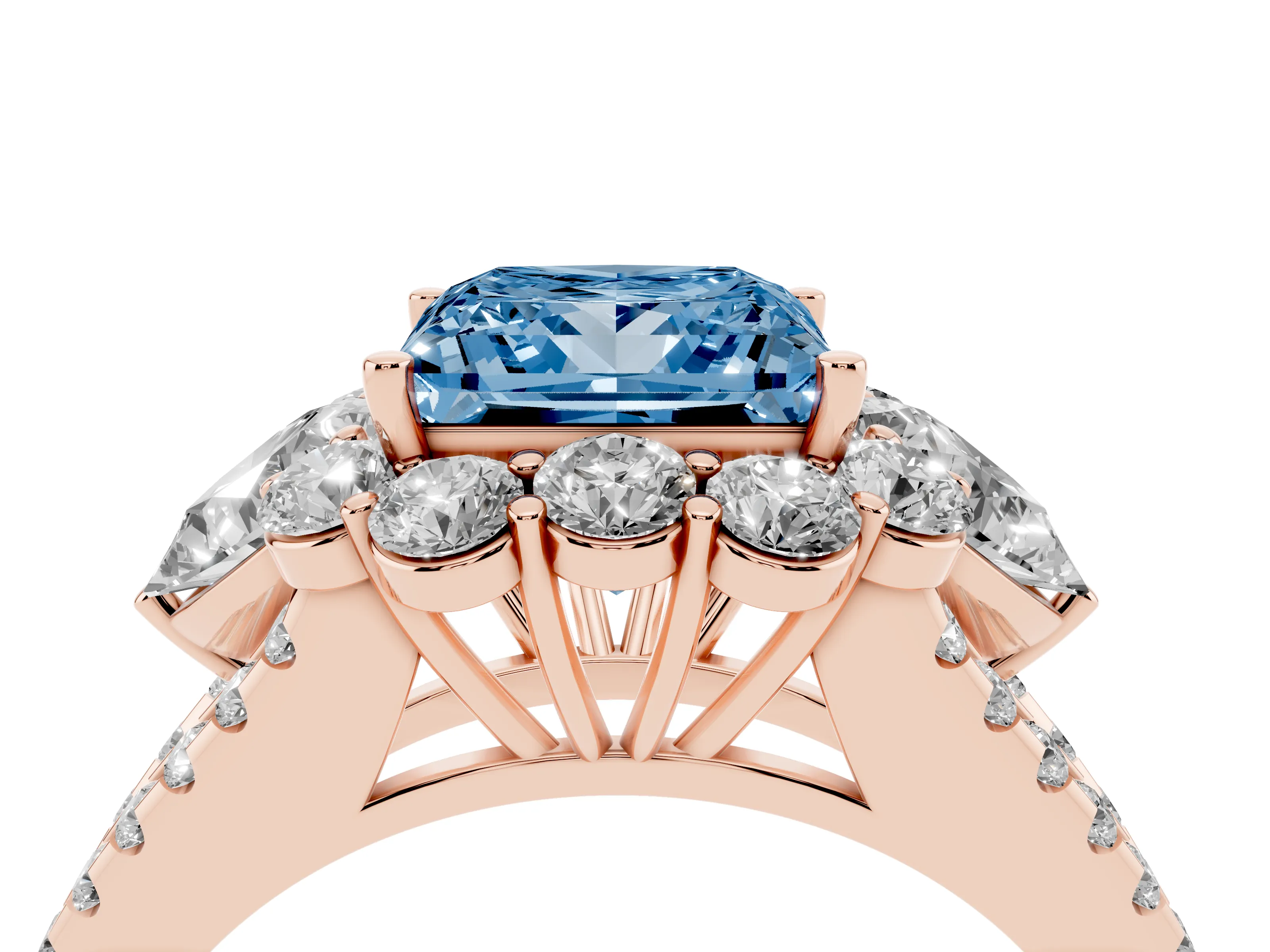 Fancy Blue Princess Cut Diamond Halo Split Shank Engagement Ring Set in Rose gold with Prong-Held Center Stone