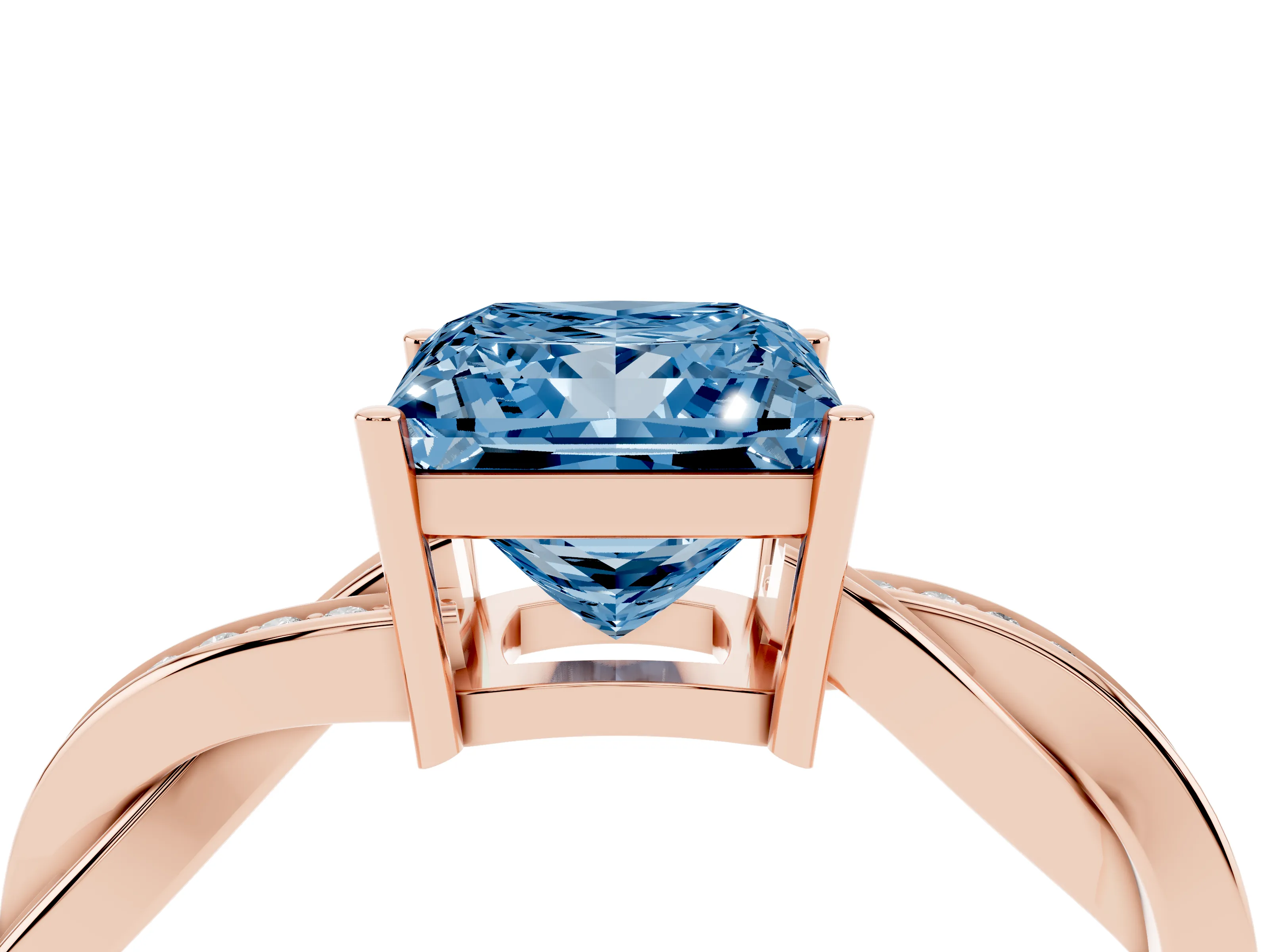 Fancy Blue Princess Cut Diamond Solitaire Twisted Pavé Ring Set in Rose gold with Prong Setting