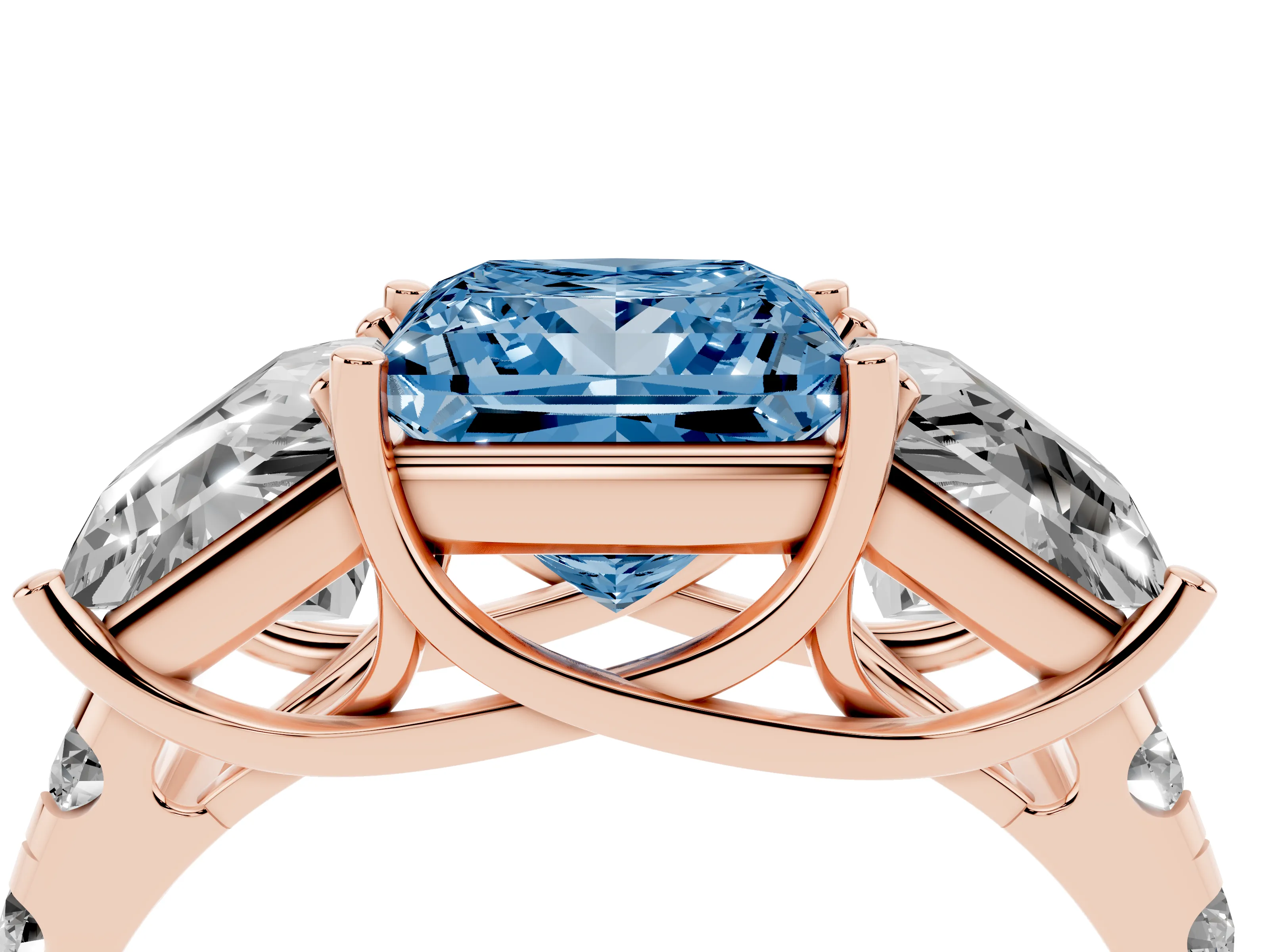 Fancy Blue Princess Cut Diamond Three-Stone Ring Set in Rose gold with Pavé Band