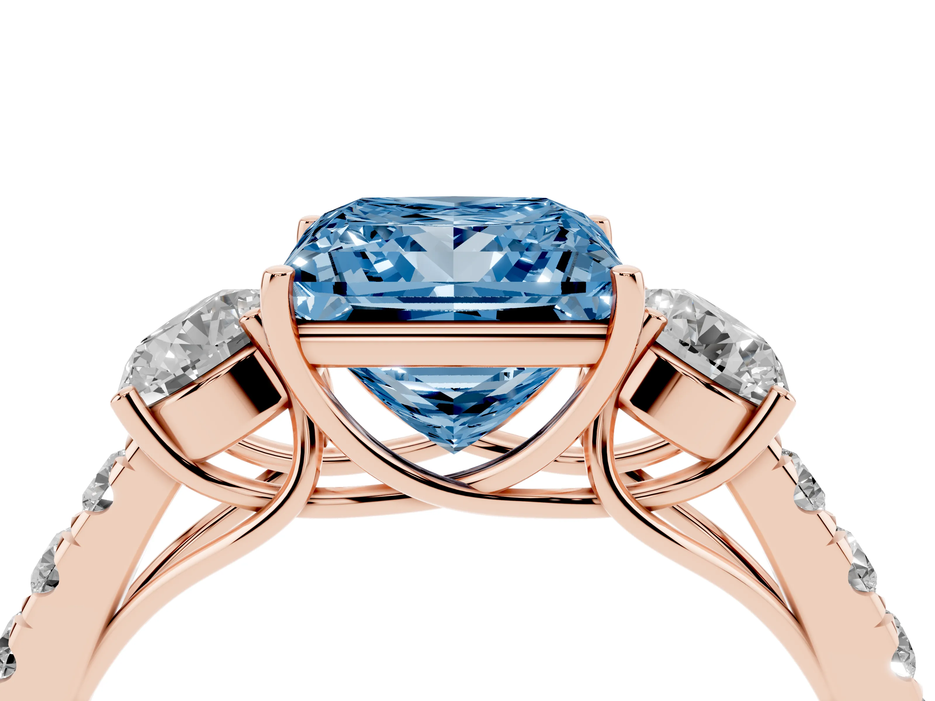Fancy Blue Princess Cut Diamond Three-Stone Ring Set in Rose gold with Round Side Stones and Delicate Pavé Band