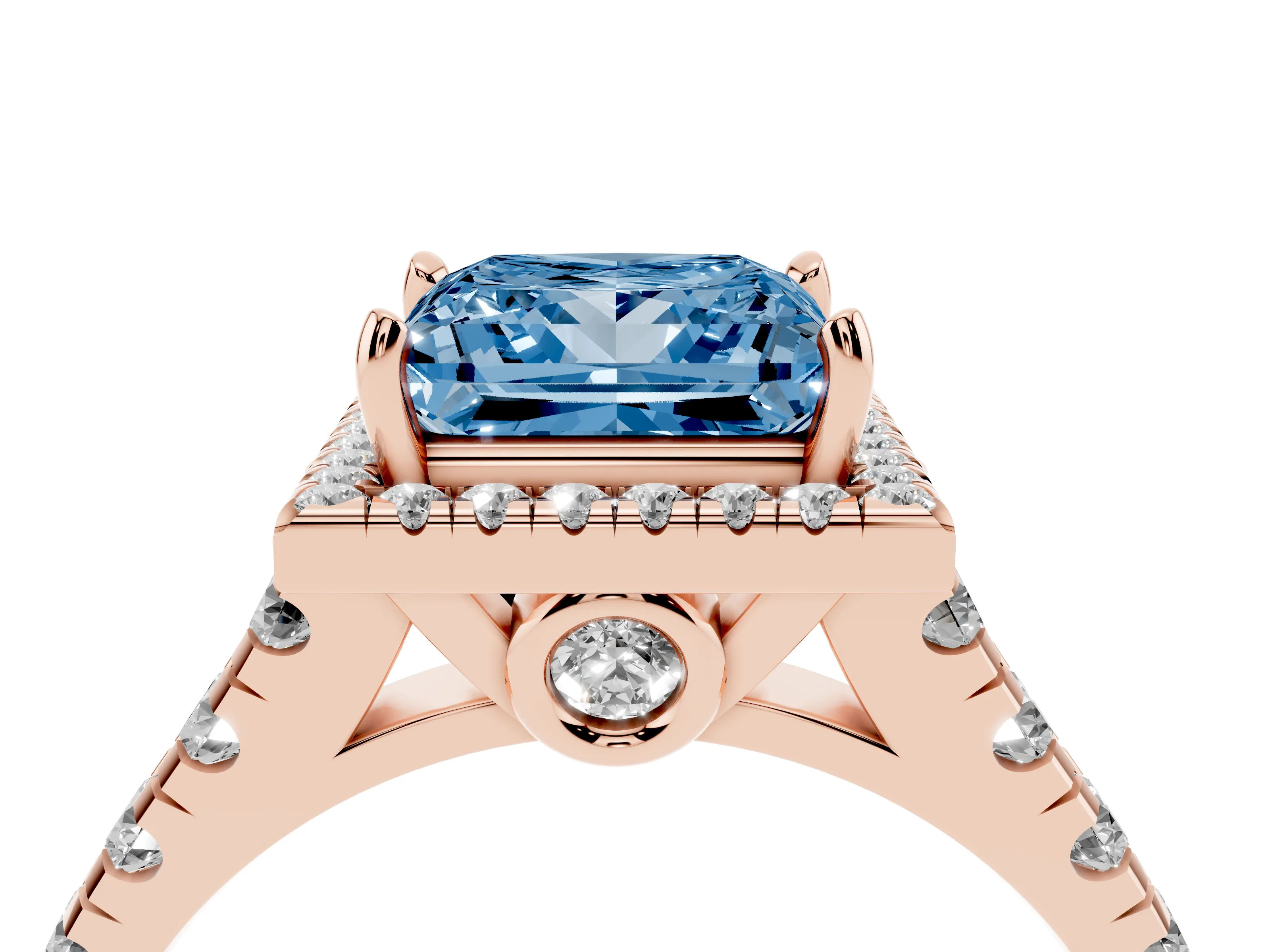 Fancy Blue Princess Cut Diamond Halo Engagement Ring Set in Rose gold with Pavé Band and Prong-Set Center