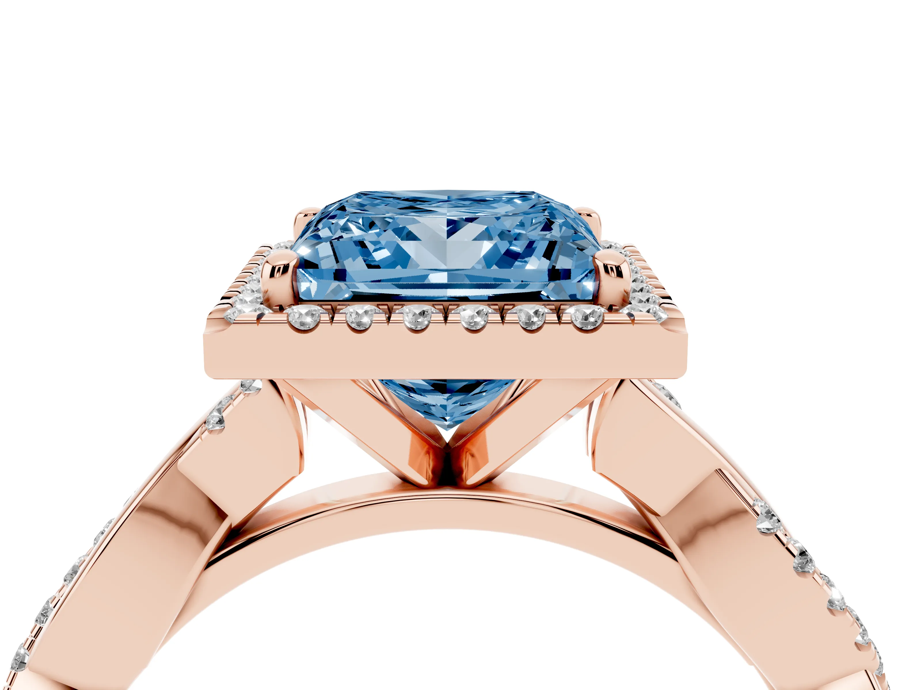 Fancy Blue Princess Cut Diamond Halo Twisted Band Ring Set in Rose gold with Prong Setting