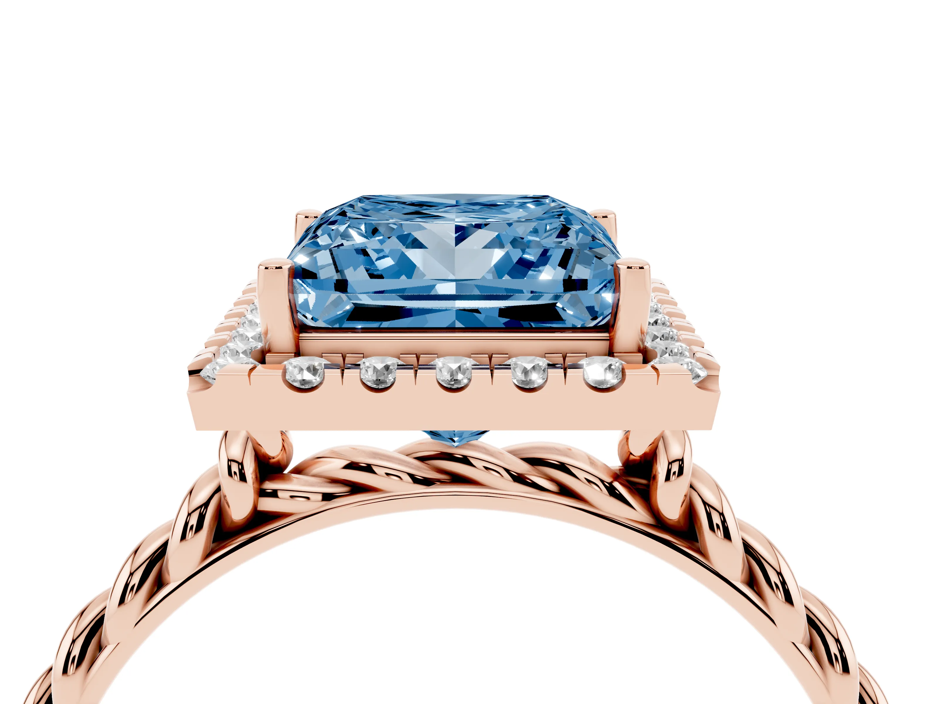 Fancy Blue Princess Cut Diamond Halo Ring Set in Rose gold with Plain Twisted Band