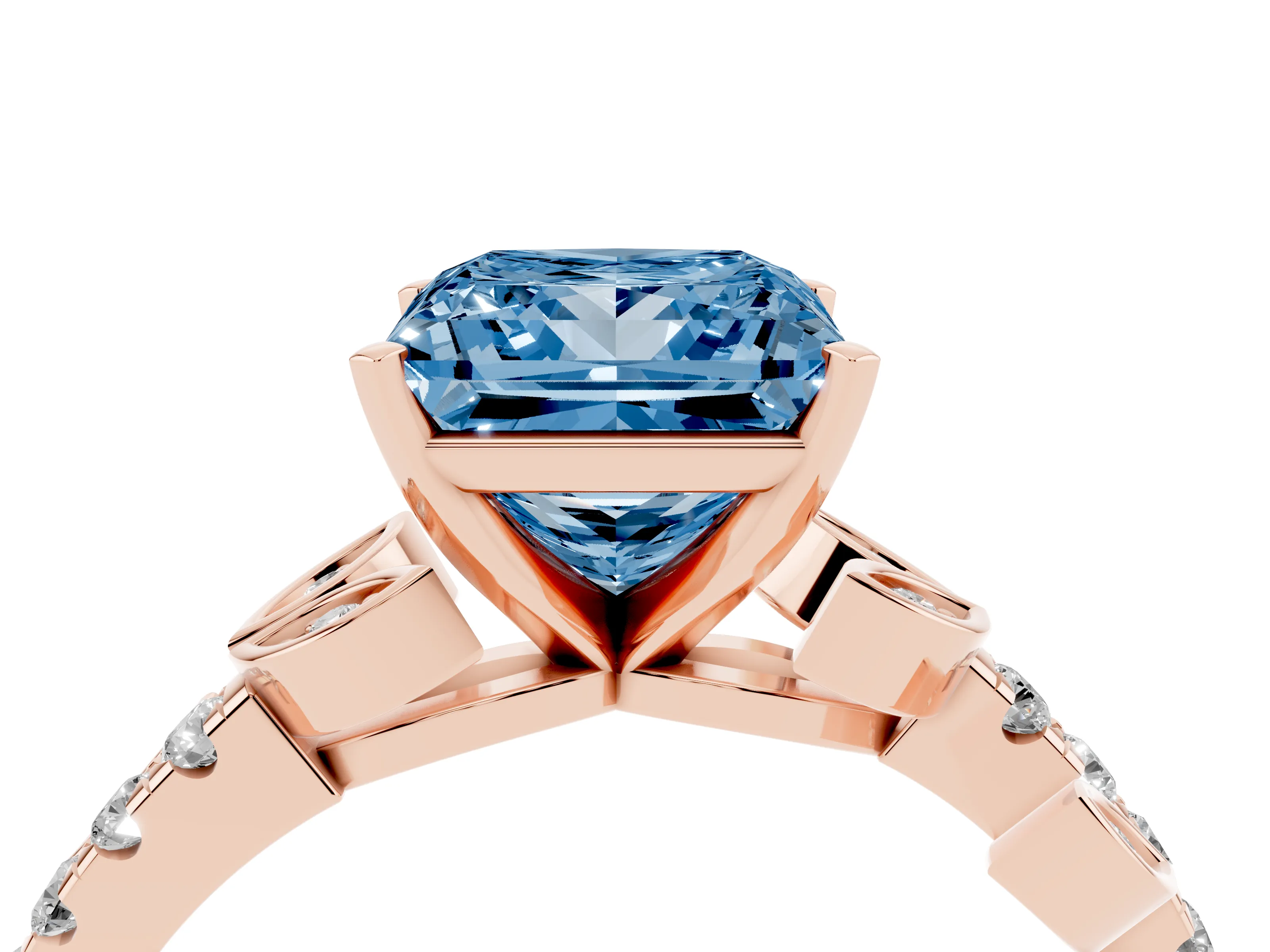 Fancy Blue Princess Cut Diamond Solitaire Leaf-Inspired Ring Set in Rose gold with Pavé Band and Prong Setting