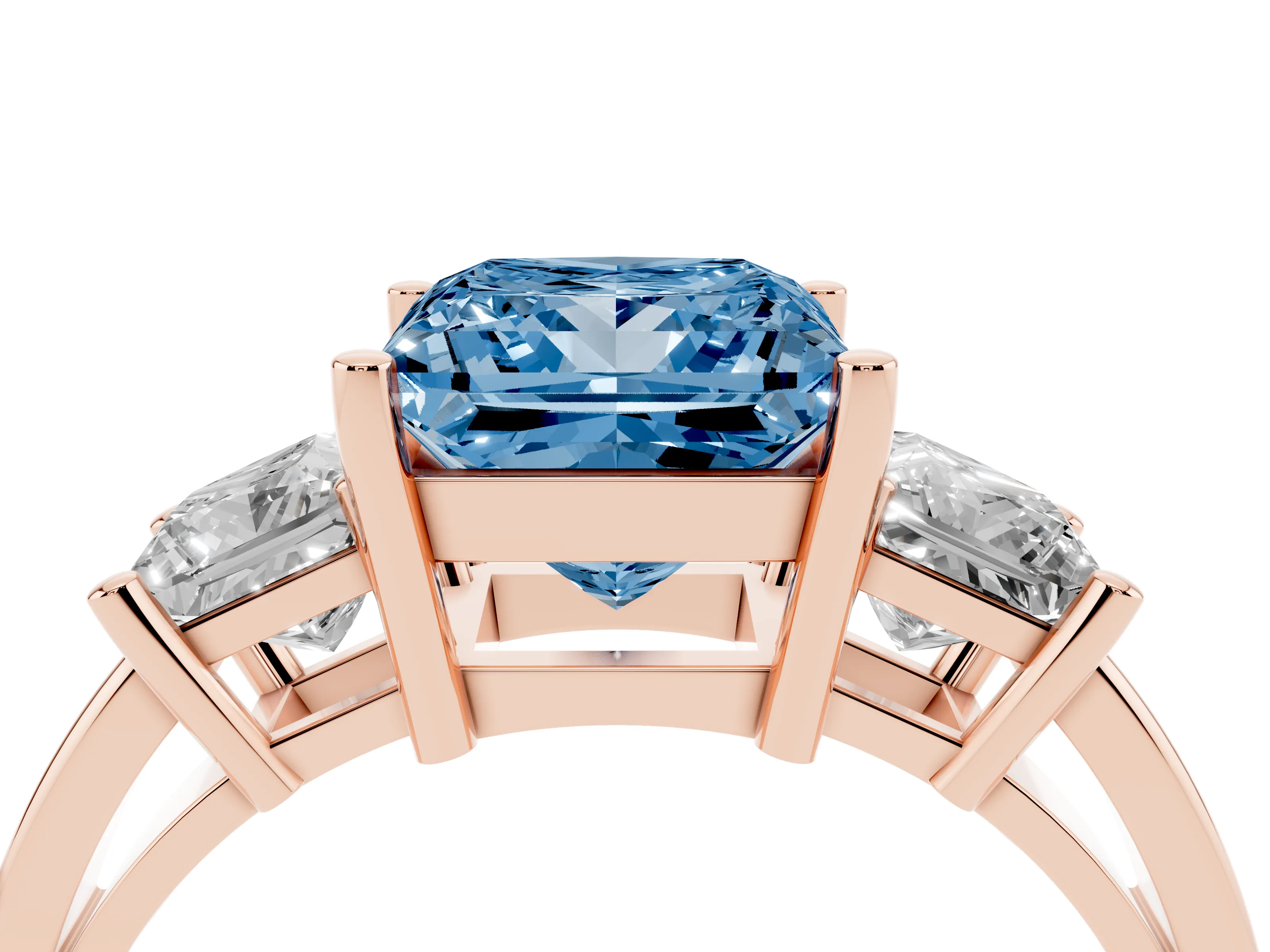 Fancy Blue Three-Stone Princess Cut Diamond Solitaire Ring Set in Rose gold with Prong Setting