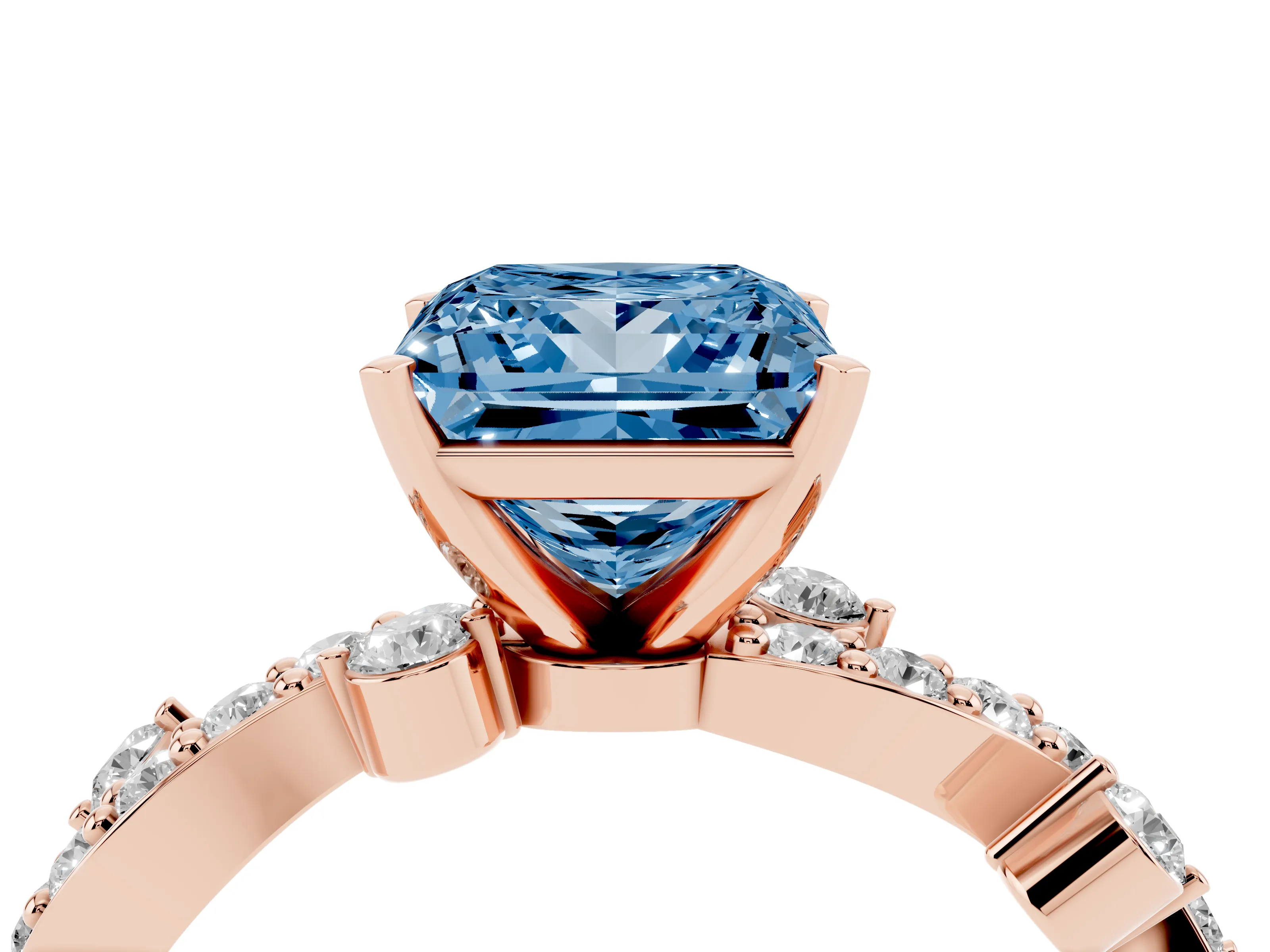 Fancy Blue Princess Cut Diamond Solitaire Twisted Band Set in Rose gold with Pavé Setting