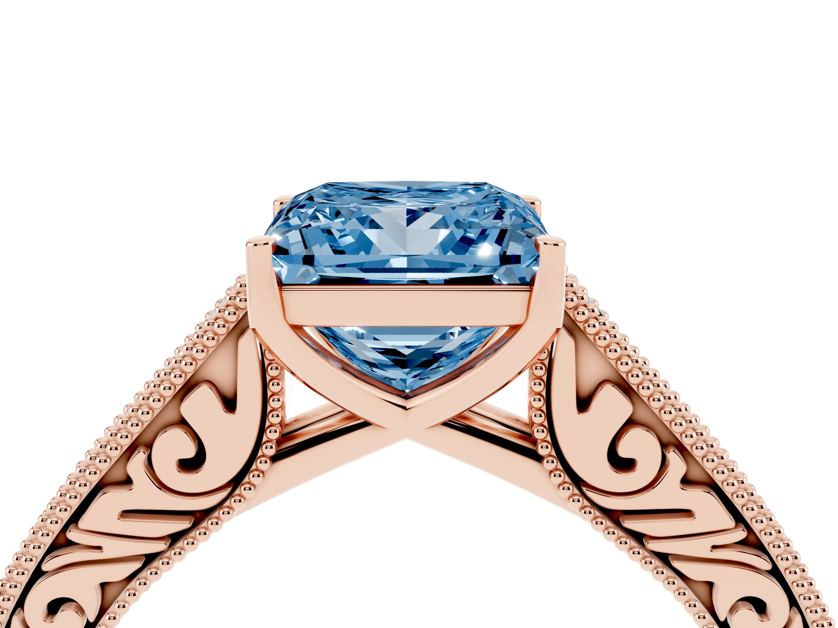 Fancy Blue Princess Cut Diamond Milgrain Pavé Band Solitaire Ring Set in Rose gold with Prong Setting