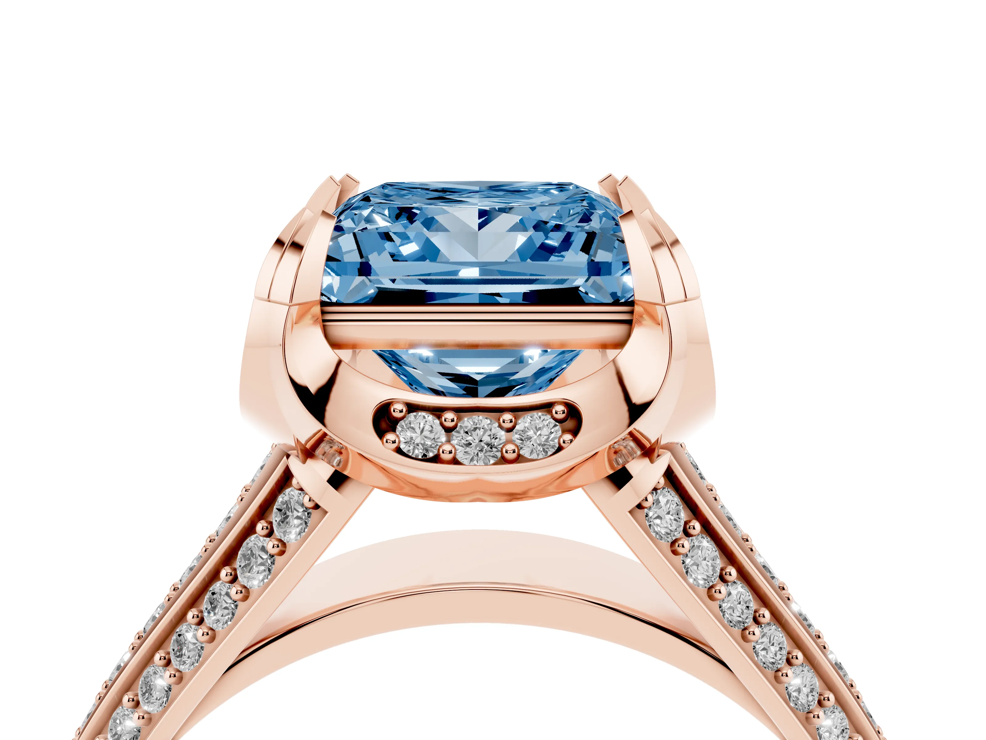 Fancy Blue Princess Cut Diamond Pavé Split Shank Solitaire Ring Set in Rose gold with Prong Setting