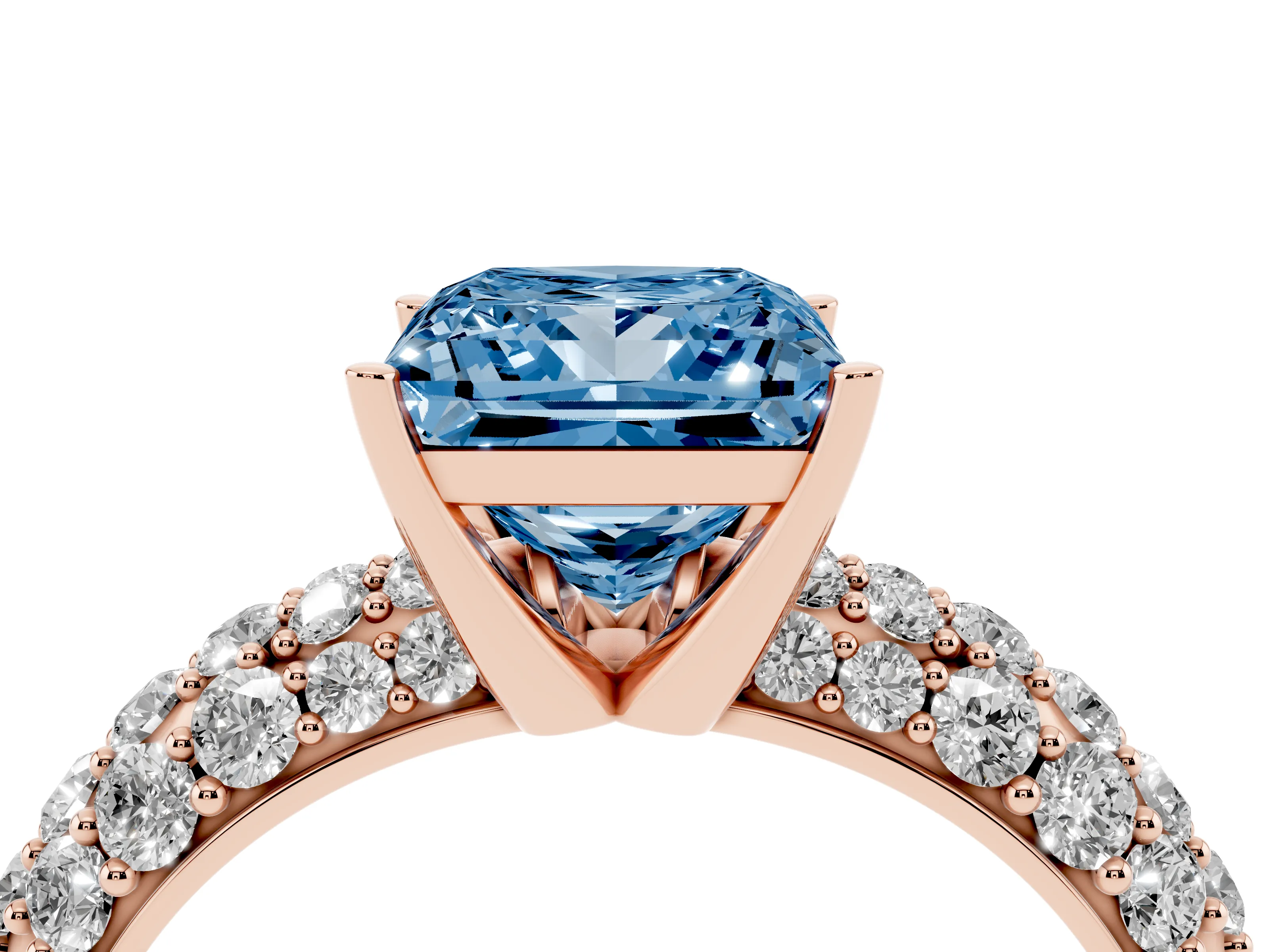 Fancy Blue Princess Cut Diamond Pavé Band Solitaire Ring Set in Rose gold with Close-Set Accent Stones and Prong Setting