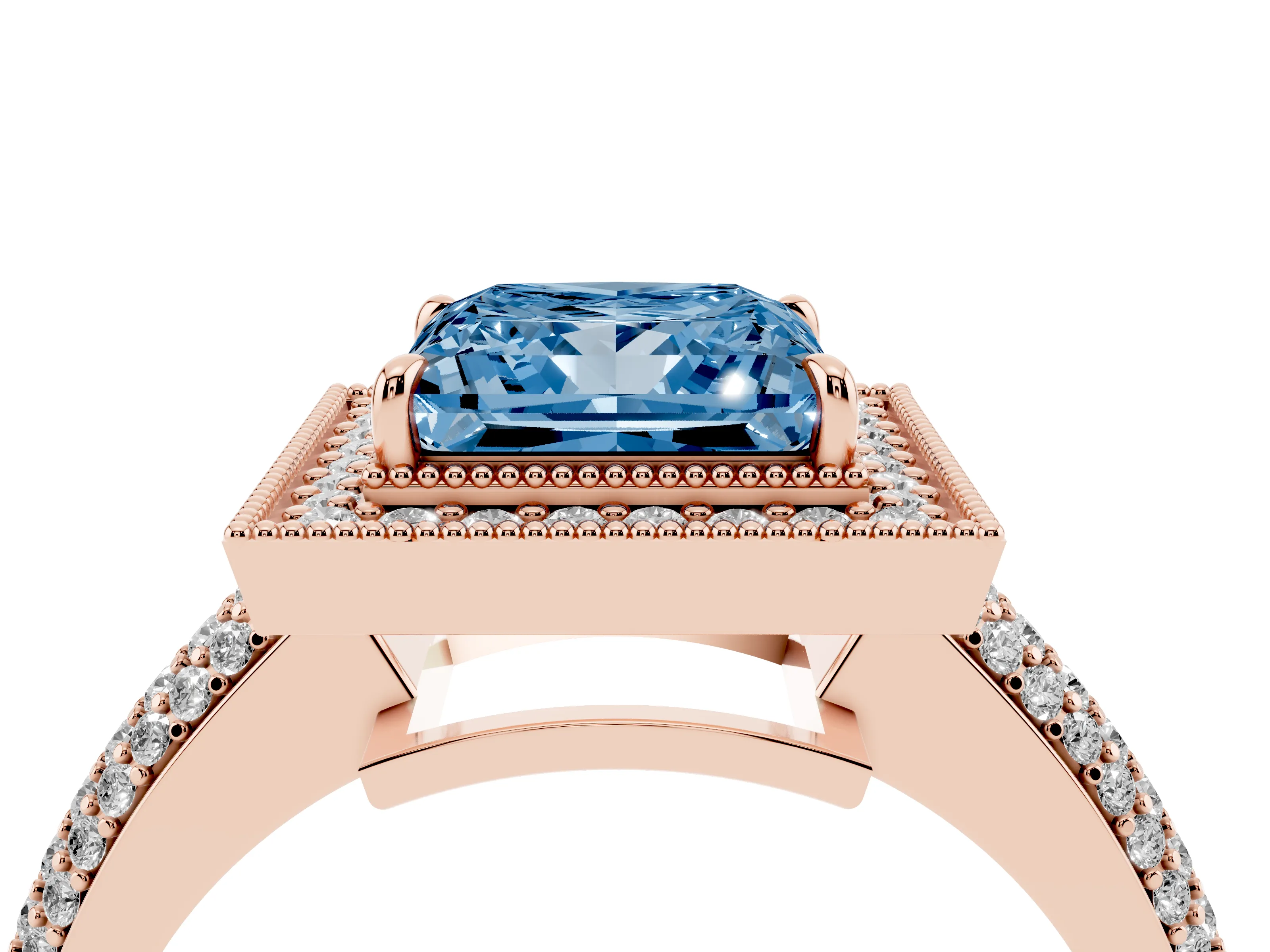 Fancy Blue Princess Cut Diamond Halo Pavé Band Set in Rose gold with Prong Setting