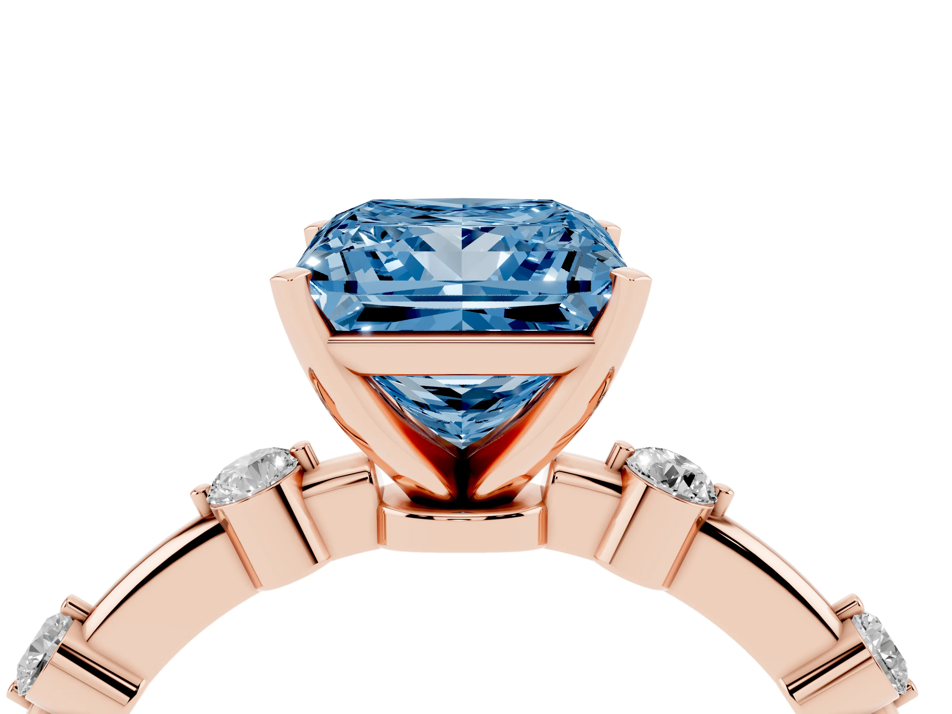 Fancy Blue Princess Cut Diamond Solitaire Ring Set in Rose gold with Bezel Set Side Stones and Prong Setting