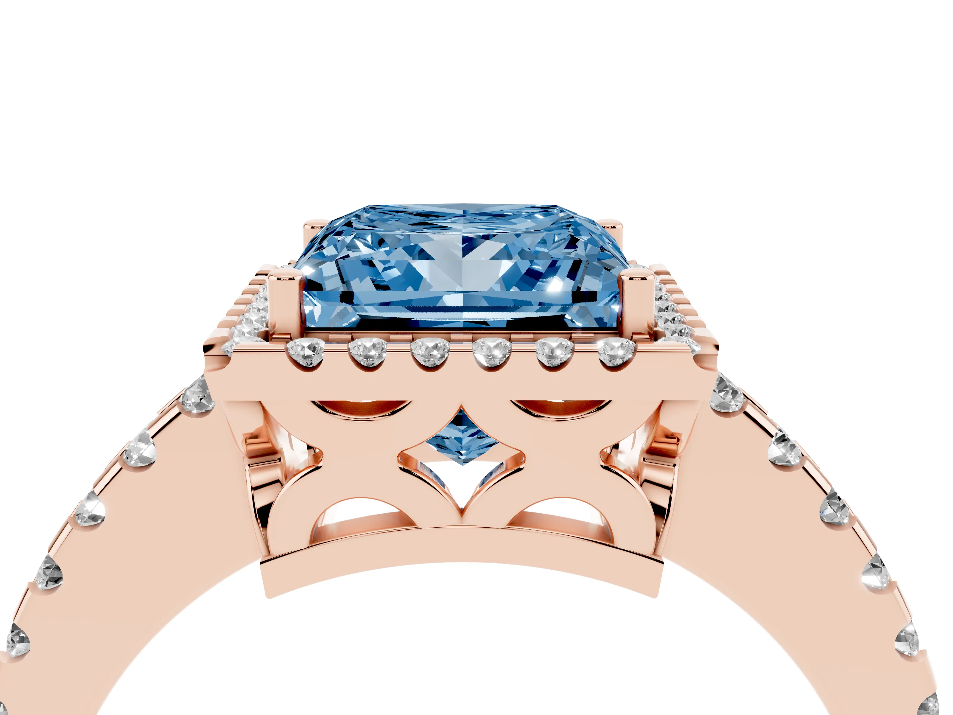 Fancy Blue Princess Cut Diamond Halo Ring Set in Rose gold with Pavé Shoulders and Halo-Framed Center
