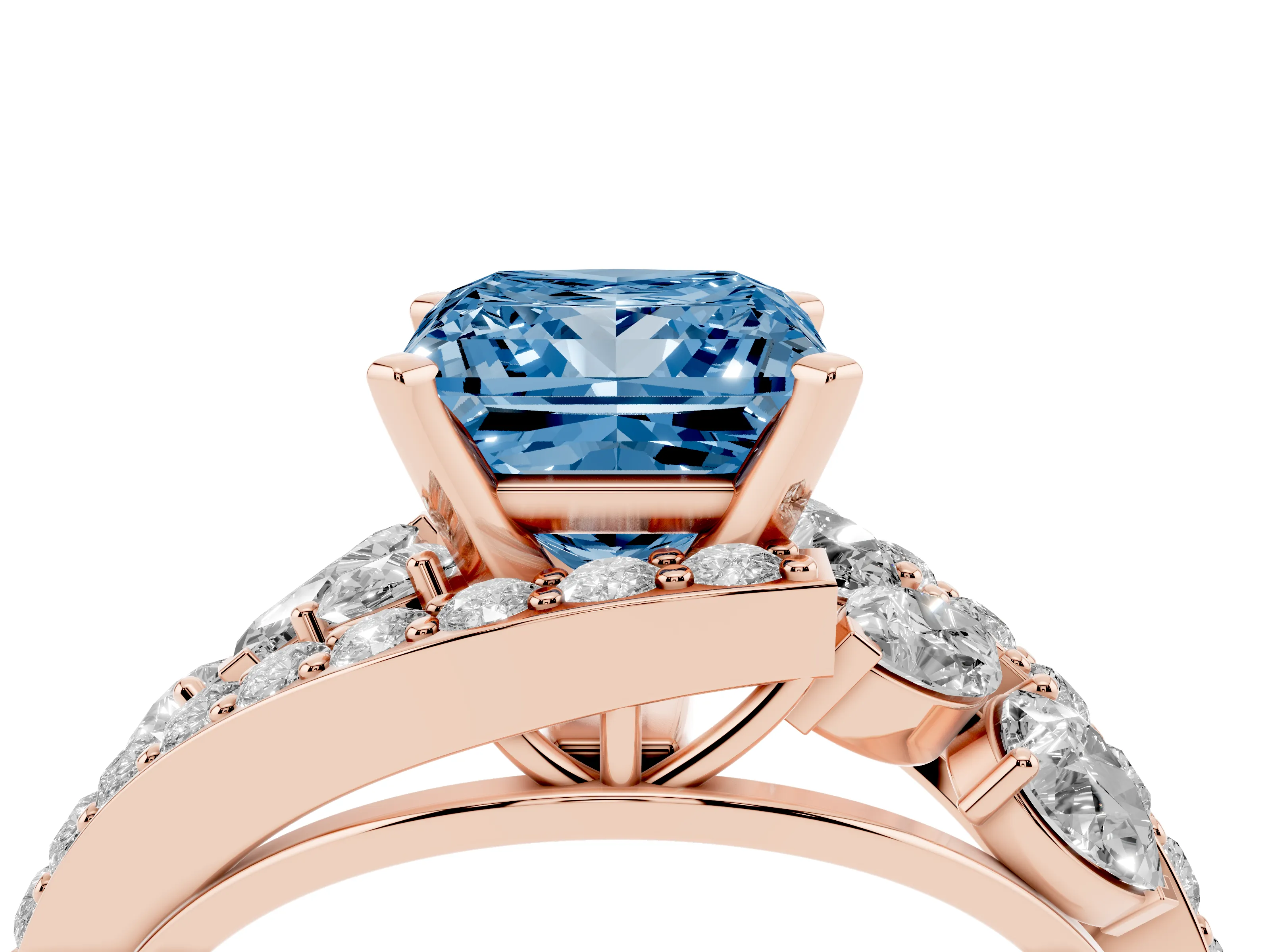 Fancy Blue Princess Cut Diamond Halo Ring Set in Rose gold with Marquise and Pavé Band in Prong Setting