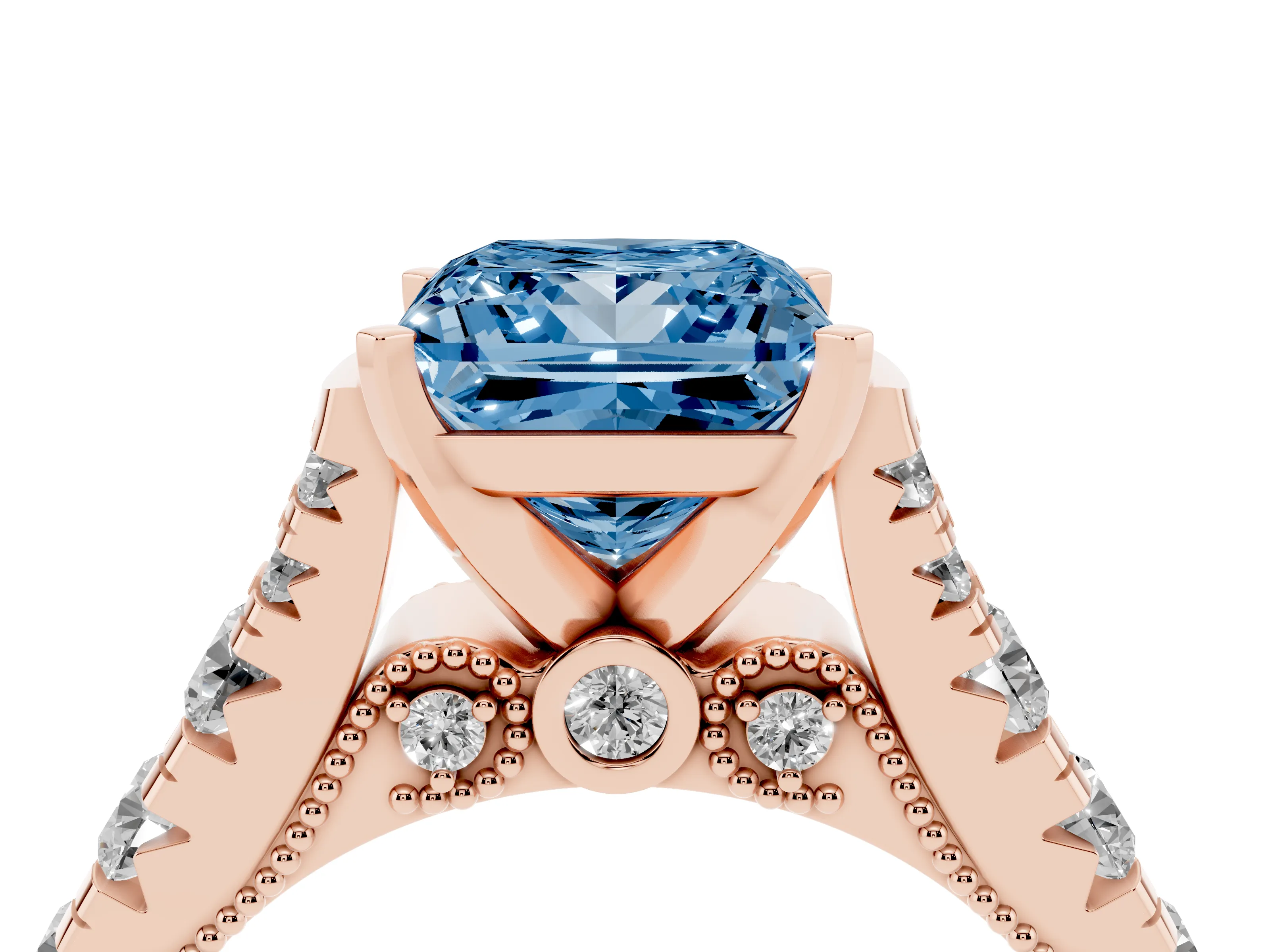 Fancy Blue Princess Cut Diamond Classic Solitaire Ring Set in Rose gold with Pavé Band and Prong Setting