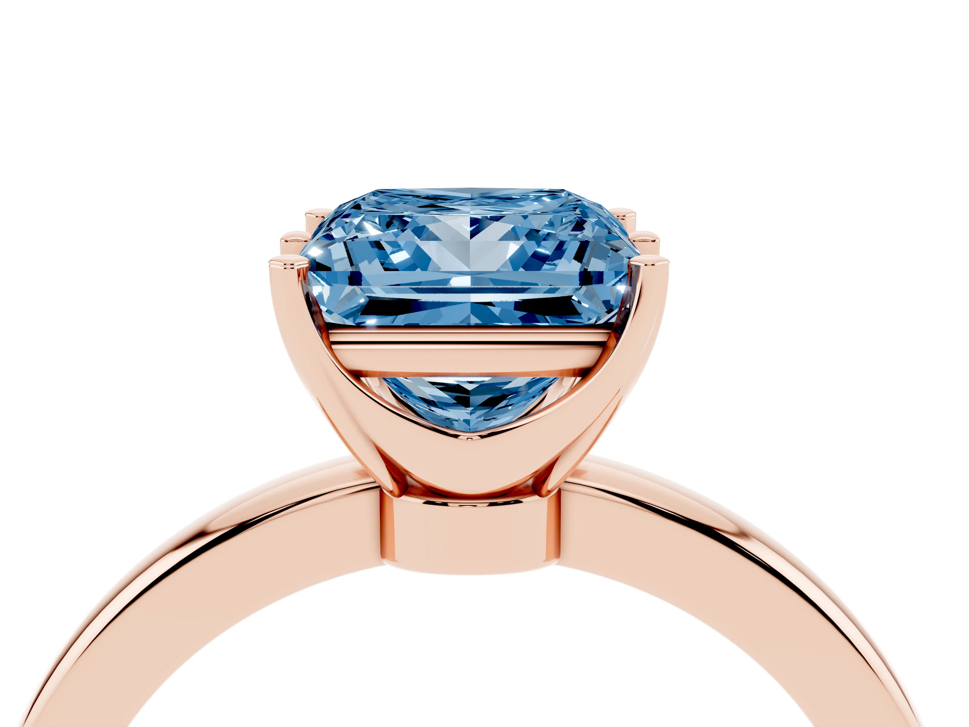 Fancy Blue Princess Cut Diamond Solitaire Ring Set in Rose gold with Raised Prong Setting on a Classic Band