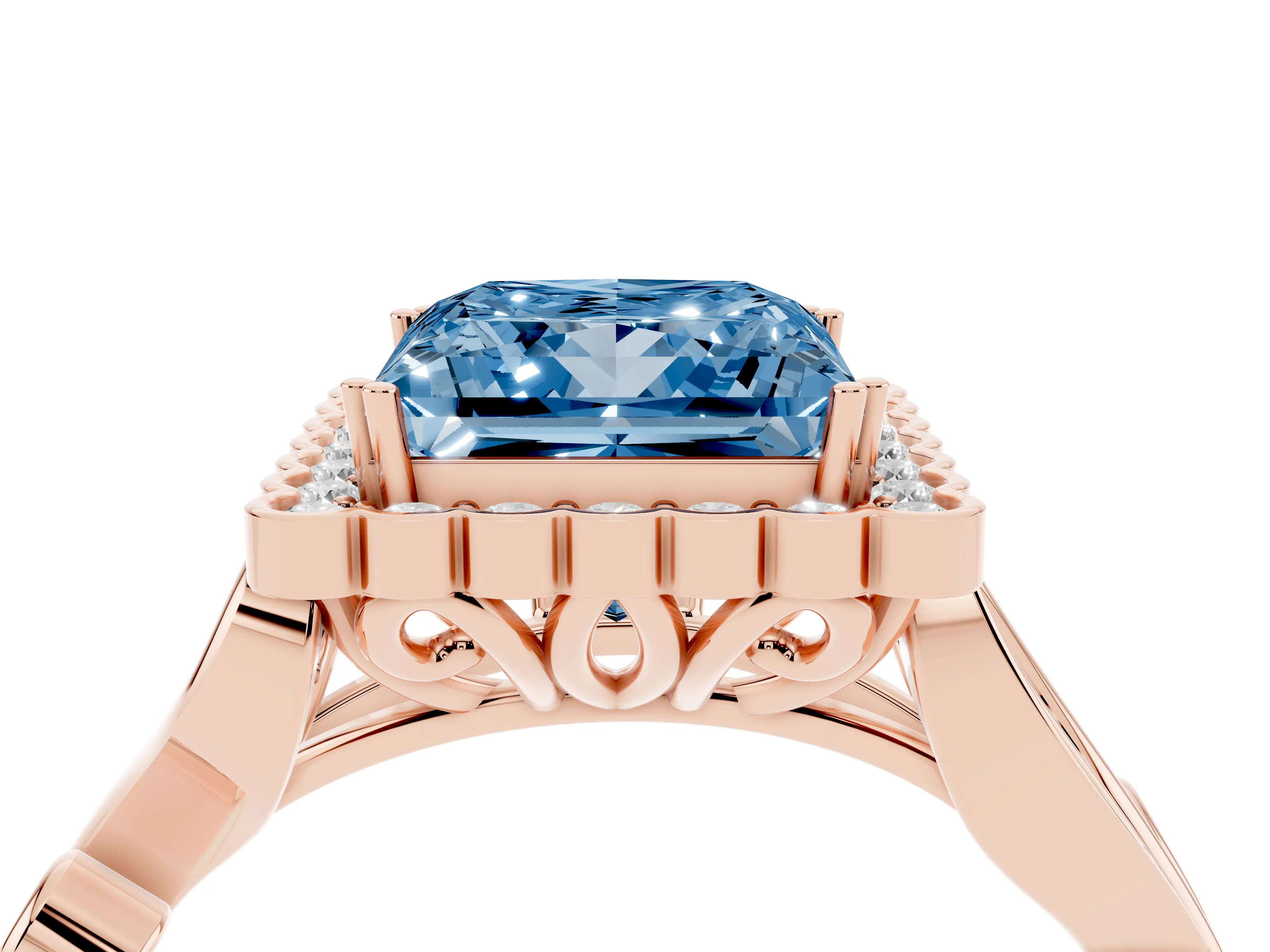 Fancy Blue Princess Cut Diamond Halo Ring Set in Rose gold with Leaf Motif Split Shank and Prong Setting