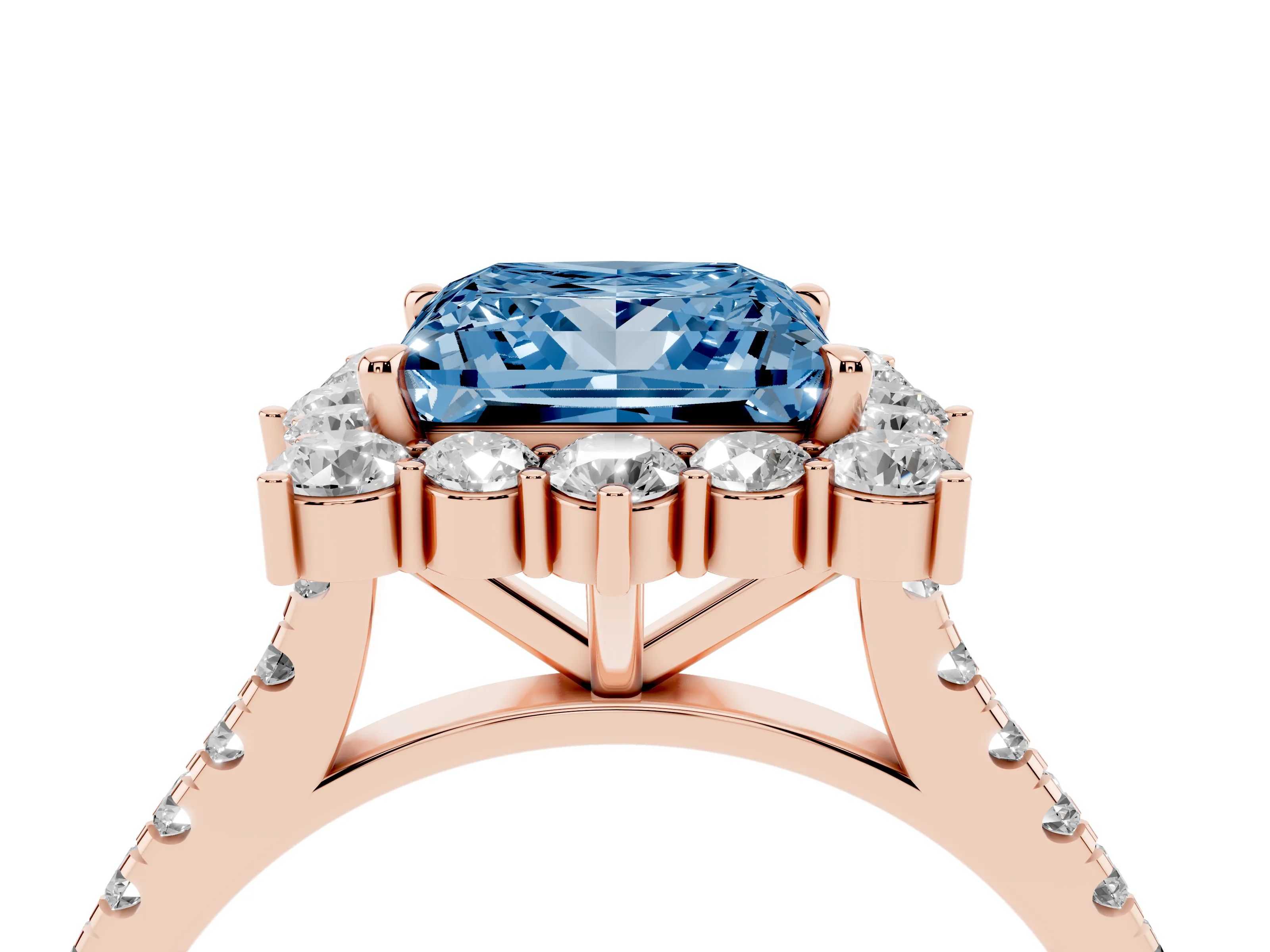 Fancy Blue Princess Cut Diamond Halo Ring Set in Rose gold with Pavé Band and Prong Setting
