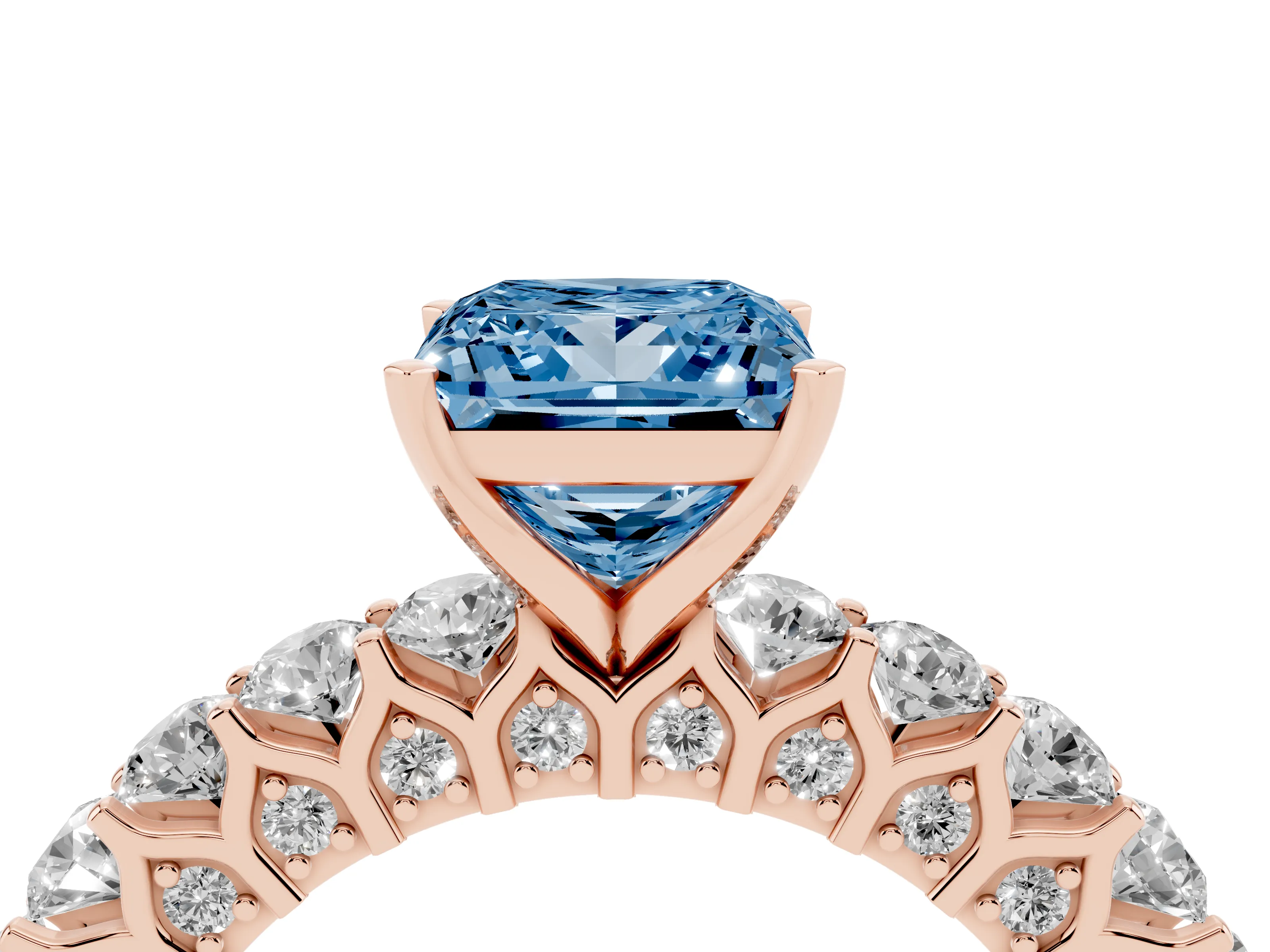Fancy Blue Princess Cut Diamond Solitaire Ring Set in Rose gold with Shared Prong Pavé Band