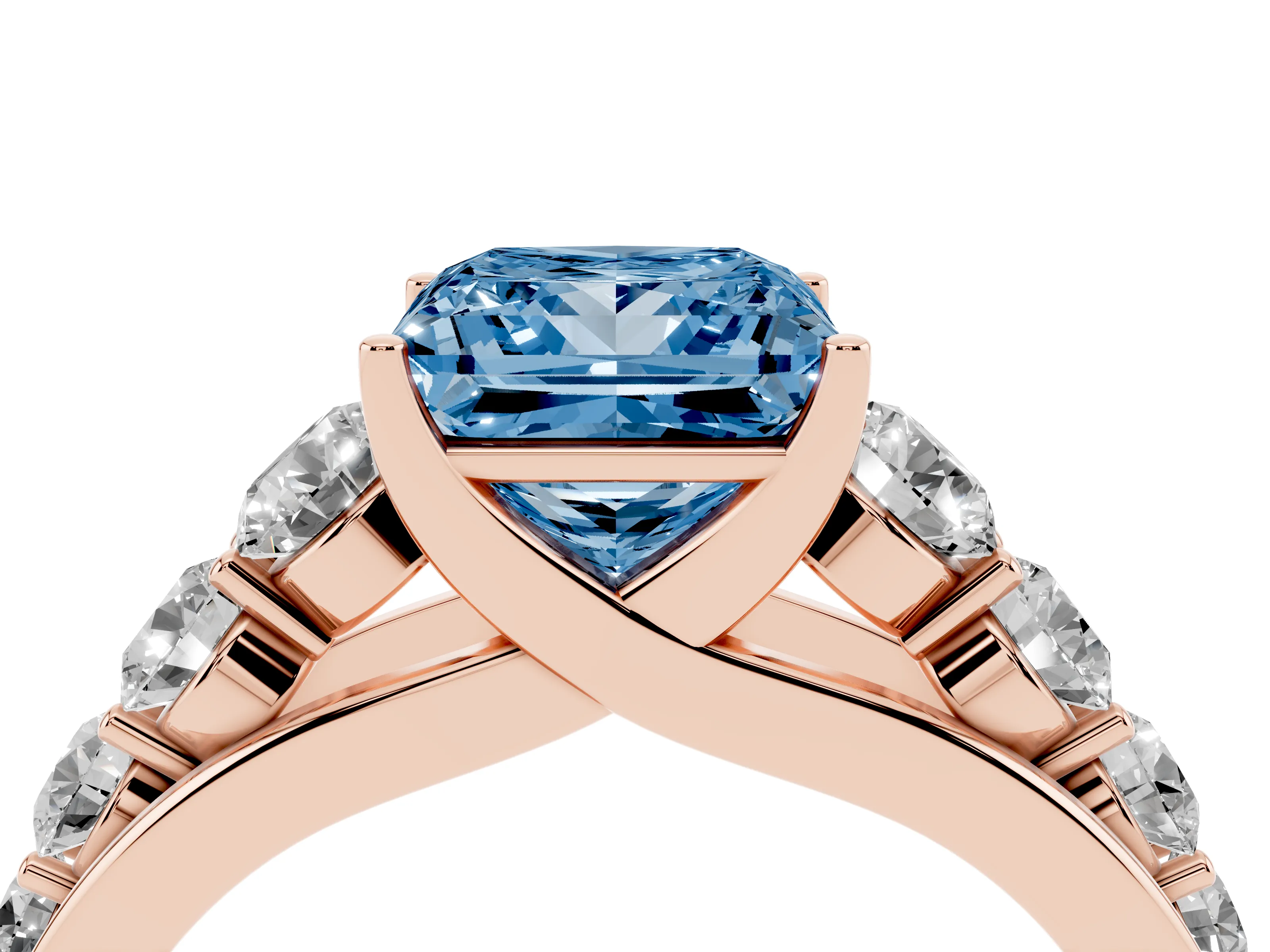 Fancy Blue Princess Cut Diamond Solitaire Ring Set in Rose gold with Pavé-Set Band and Prong Setting