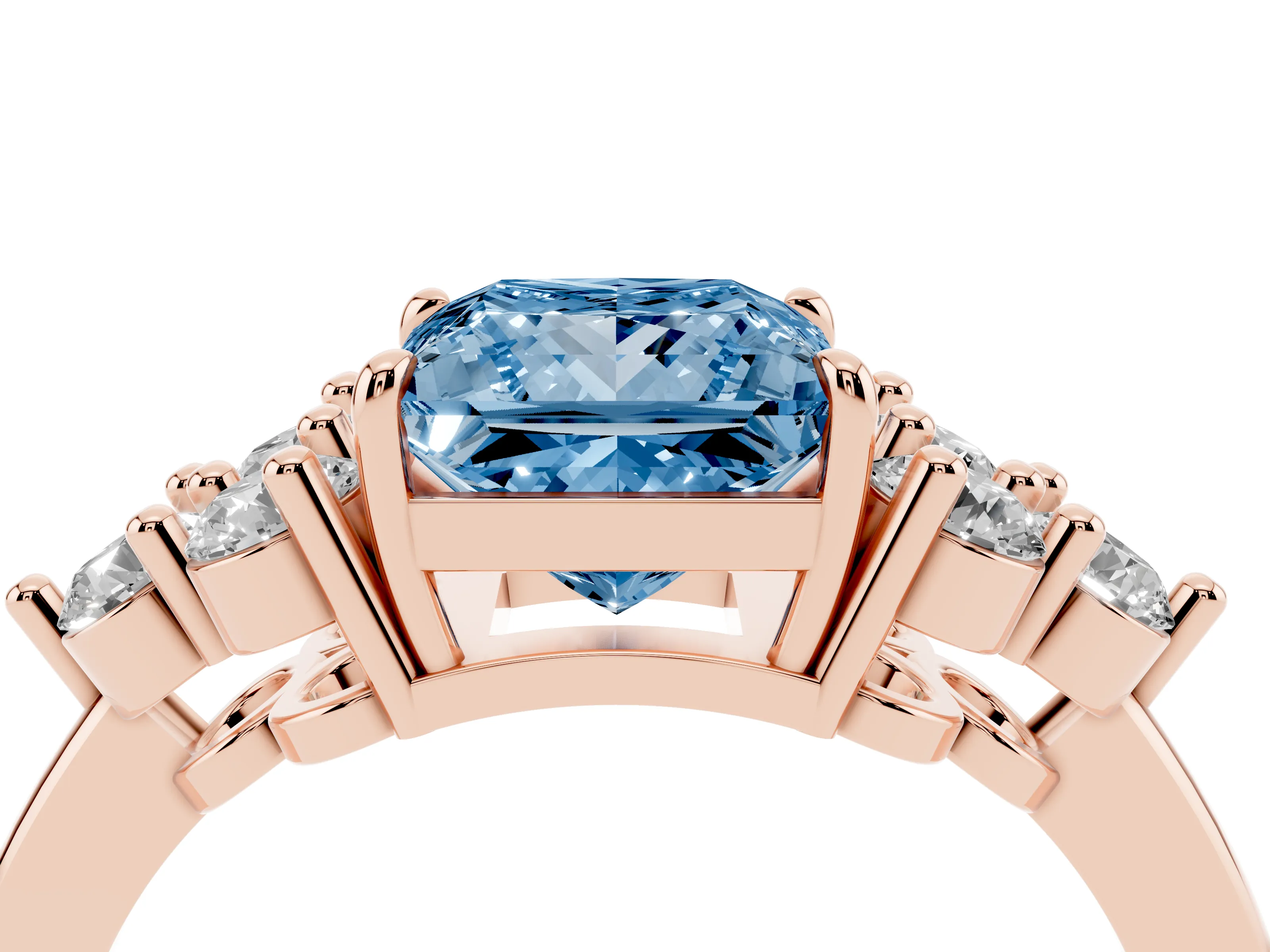 Fancy Blue Princess Cut Diamond Solitaire Ring Set in Rose gold with Cluster Accents on Each Side