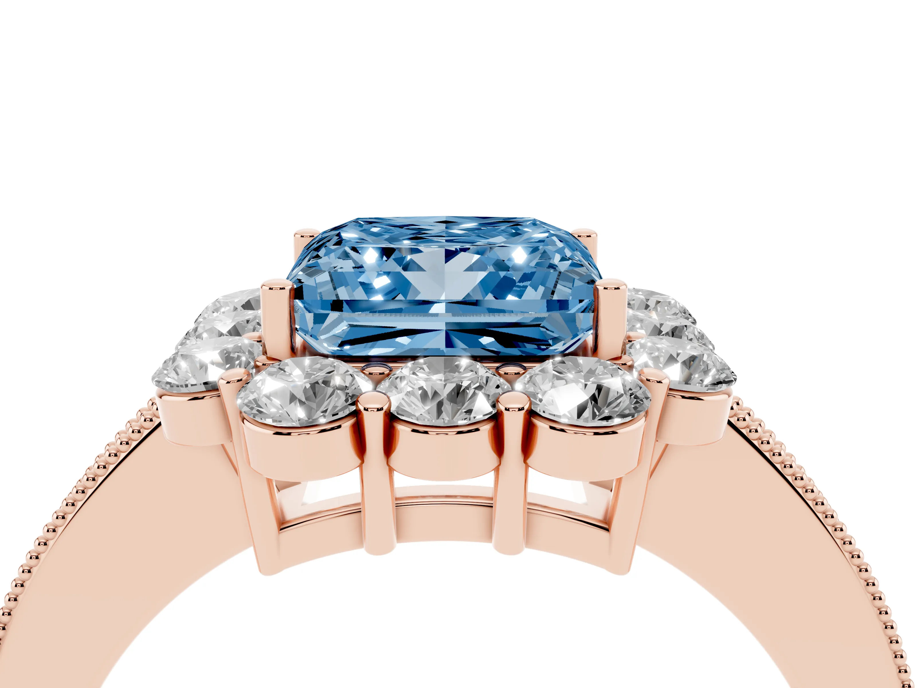 Fancy Blue Princess Cut Diamond Halo Pavé Engagement Ring Set in Rose gold with Milgrain Detailing