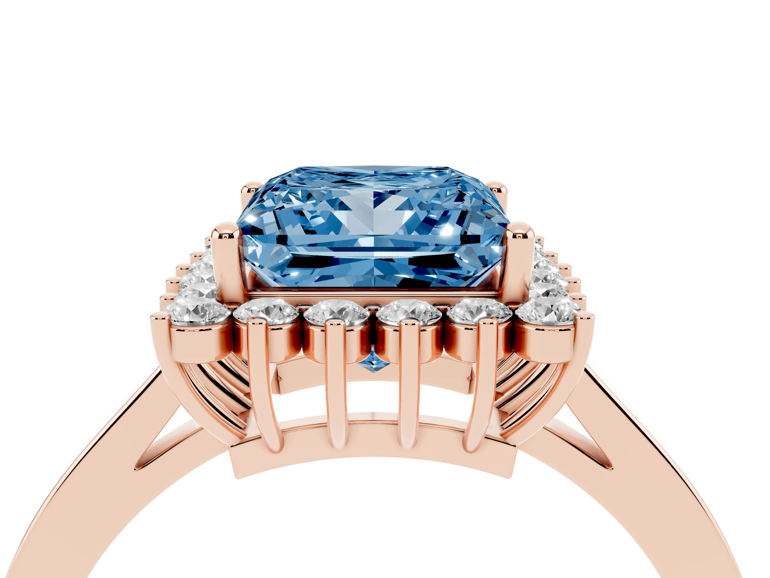 Fancy Blue Princess Cut Diamond Halo Ring Set in Rose gold with Round Halo and Smooth Solitaire Band