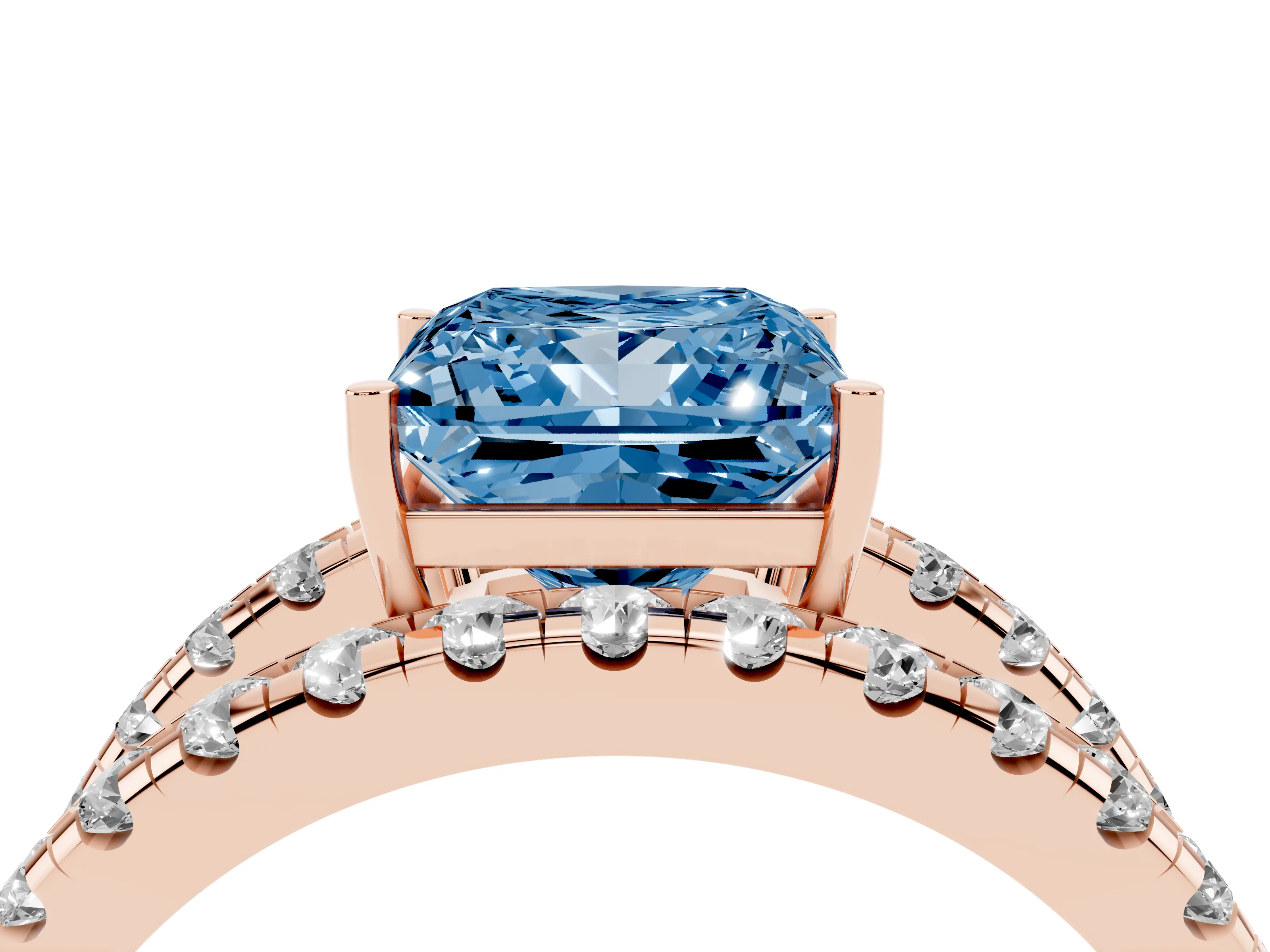 Fancy Blue Princess Cut Diamond Split Shank Pavé Solitaire Ring Set in Rose gold with Open Shank Design