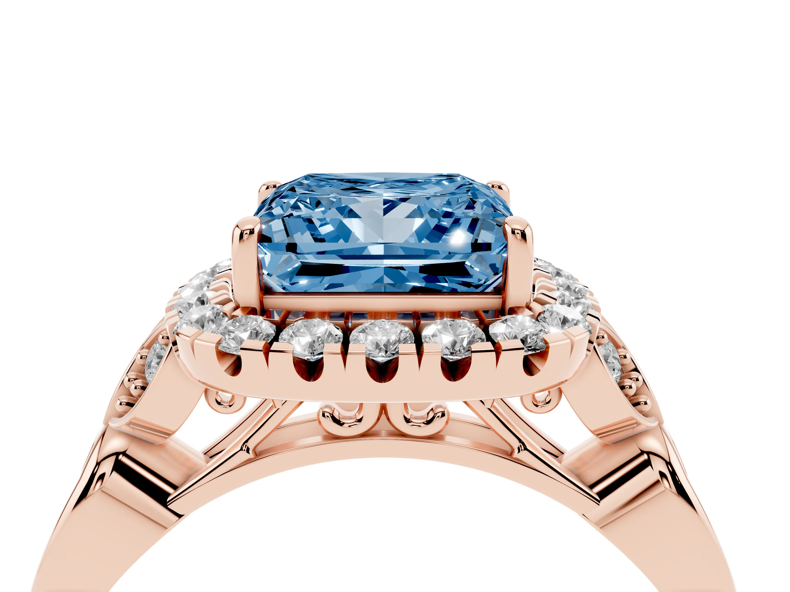 Fancy Blue Princess Cut Diamond Halo Engagement Ring Set in Rose gold with Vintage-Inspired Band and Prong Setting