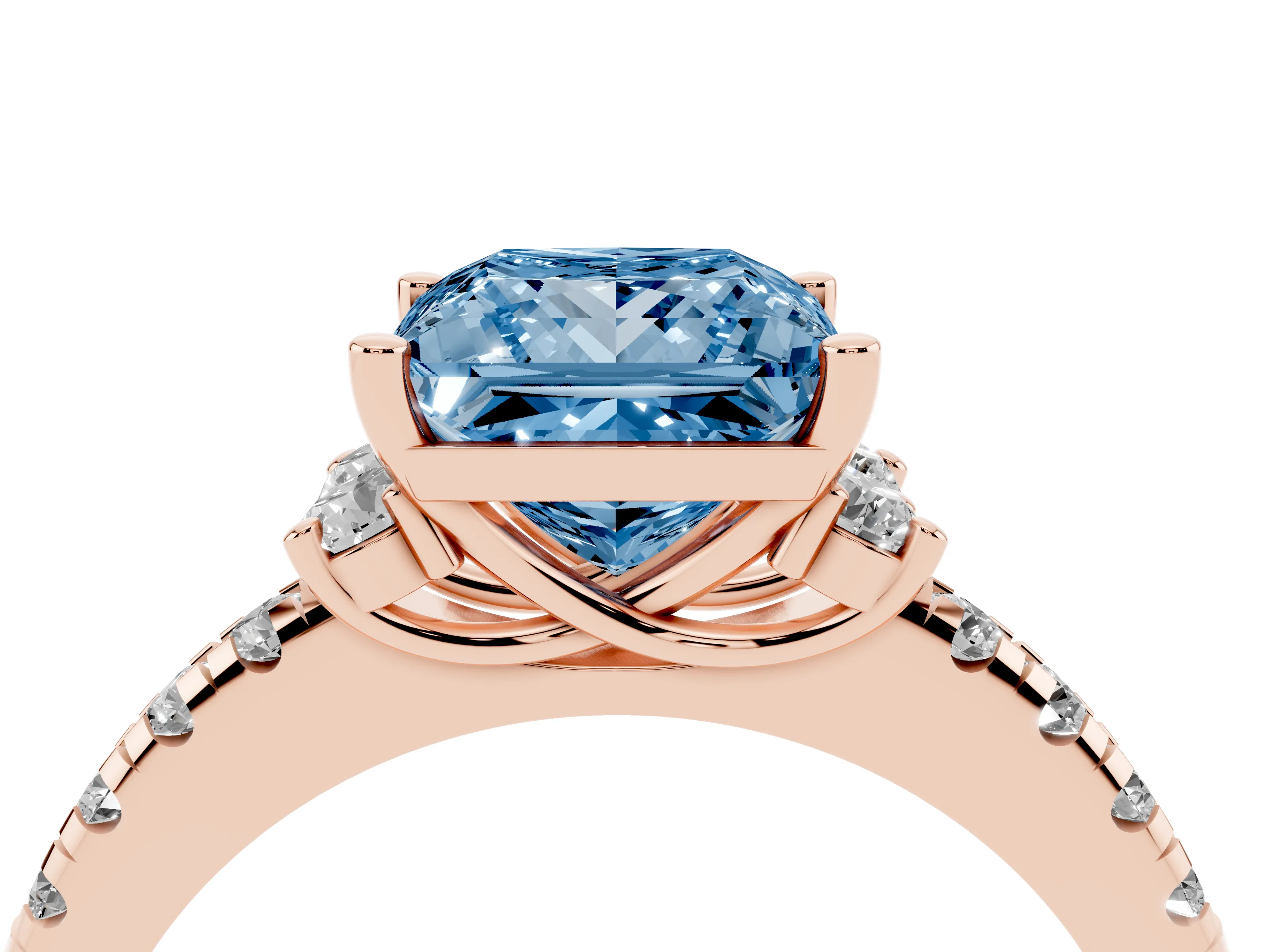 Fancy Blue Princess Cut Diamond Three-Stone Pavé Ring Set in Rose gold with Prong Setting