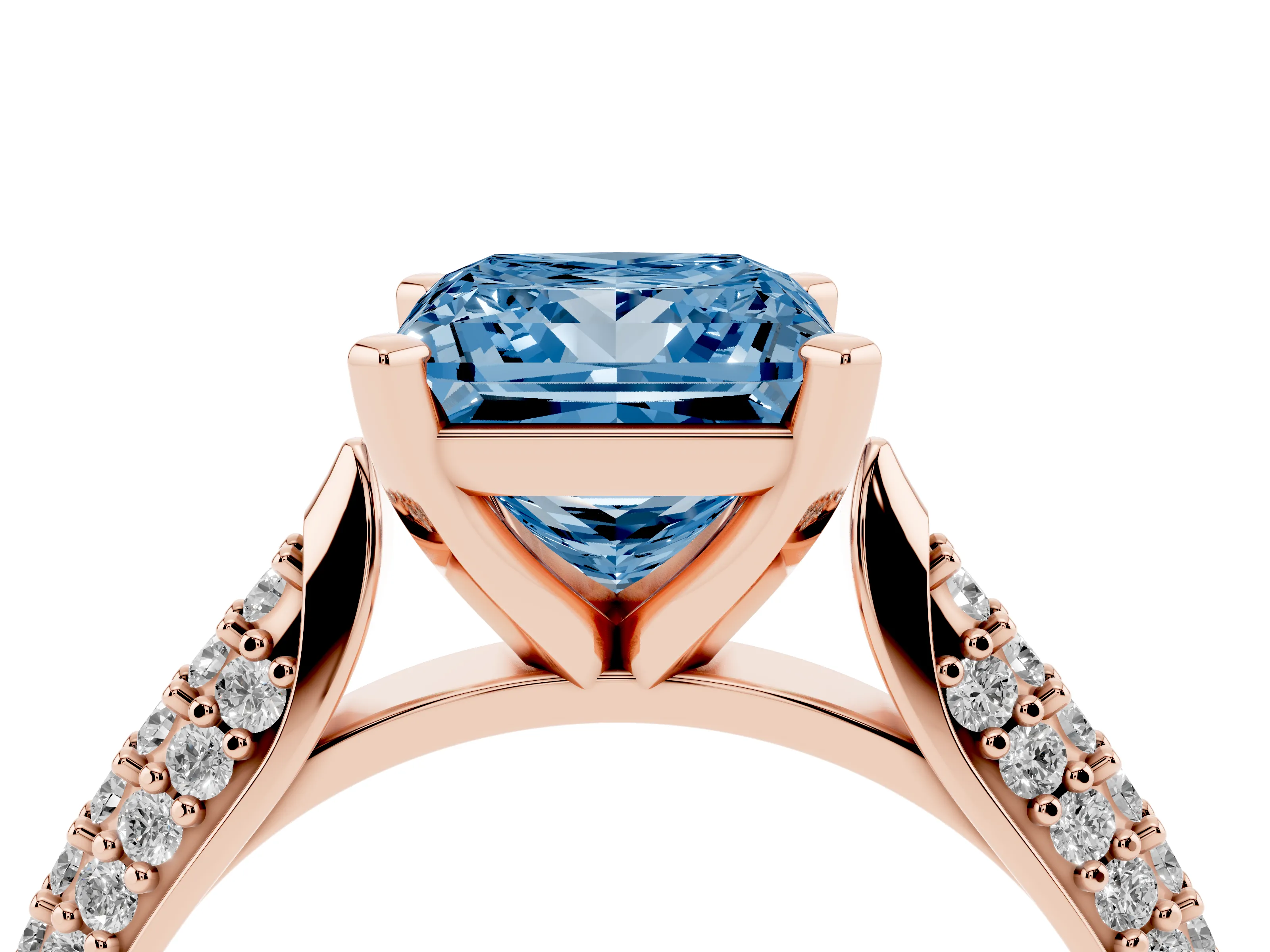 Fancy Blue Princess Cut Diamond Solitaire Engagement Ring Set in Rose gold with Multi-Row Round Pavé Band and Prong Setting
