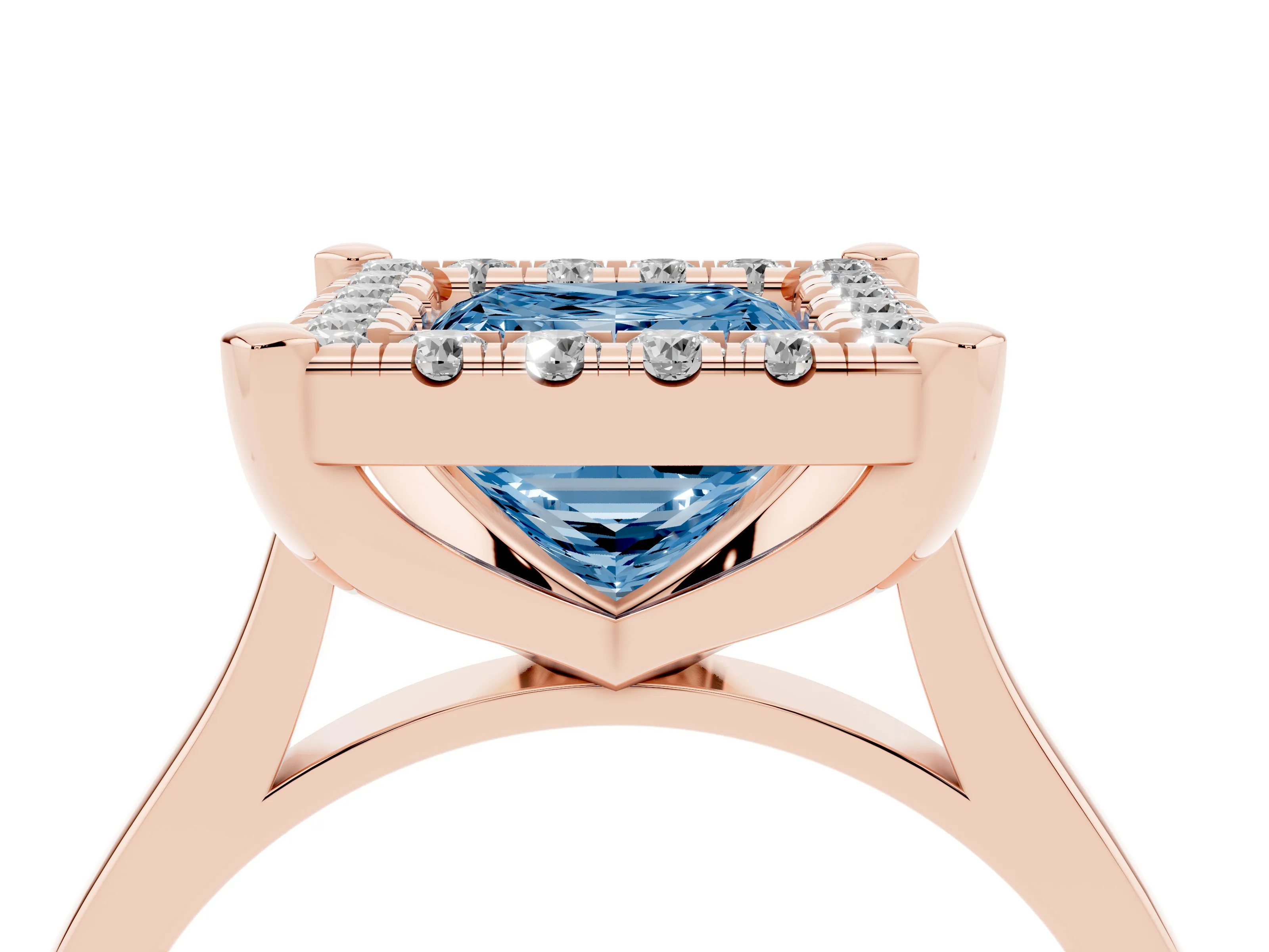 Fancy Blue Princess Cut Diamond Cluster Halo Solitaire Ring Set in Rose gold with Prong Setting