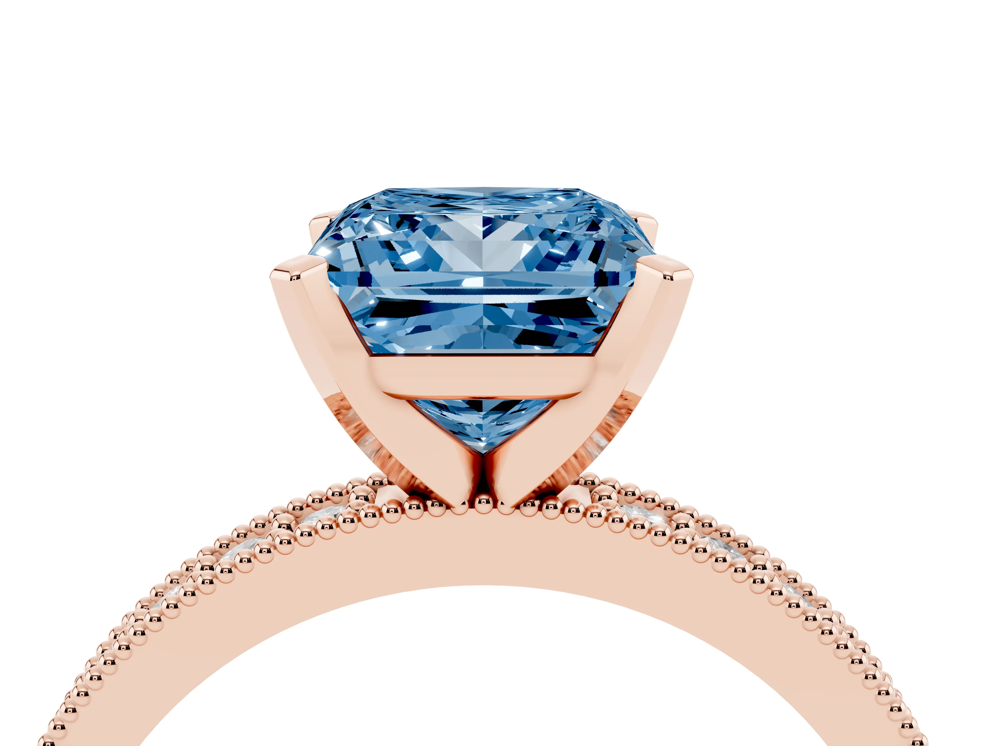Fancy Blue Princess Cut Diamond Milgrain Pavé Engagement Ring Set in Rose gold with Prong Setting