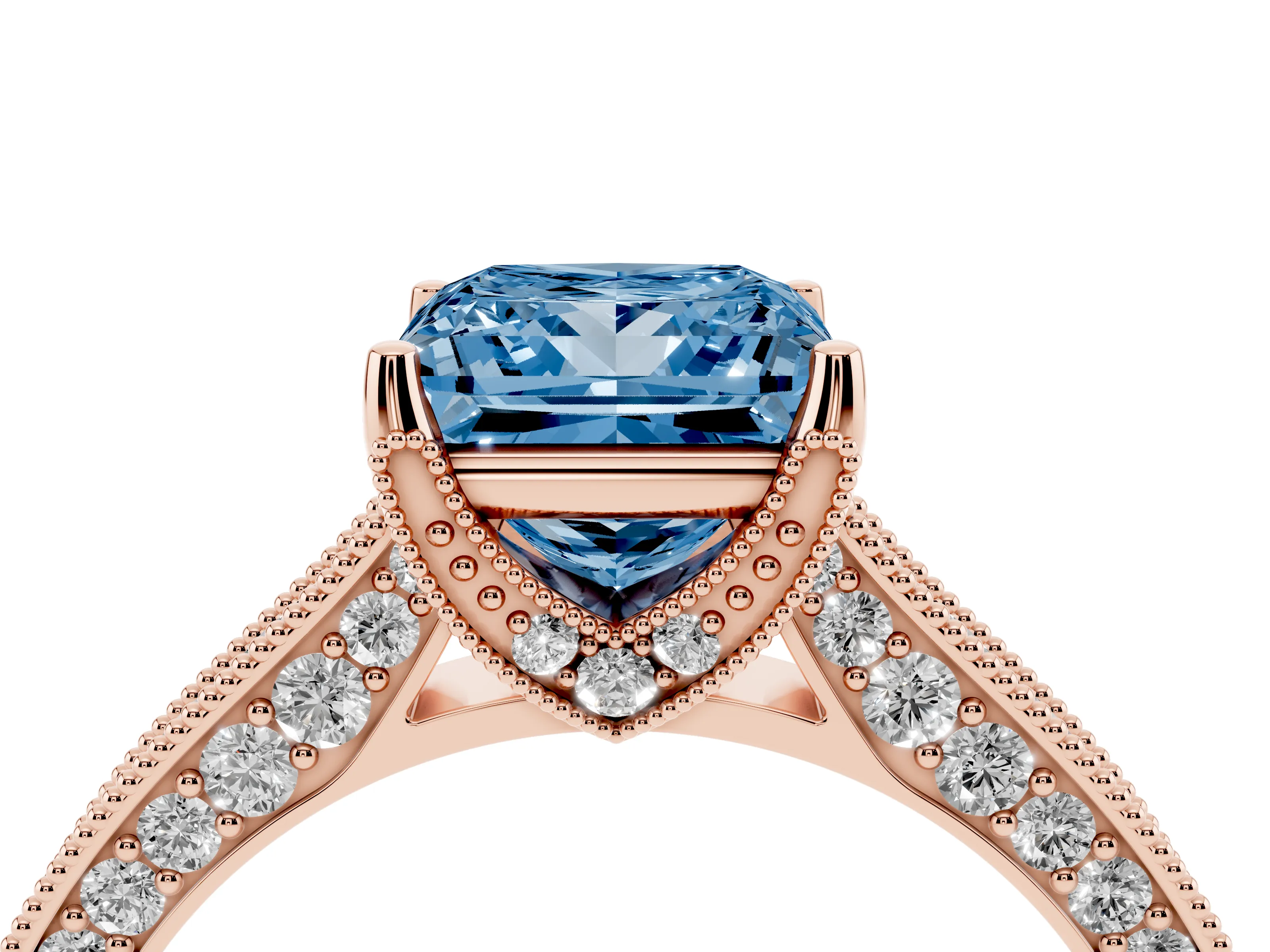Fancy Blue Princess Cut Diamond Solitaire Ring Set in Rose gold with Milgrain-Edged Pavé Band and Prong Setting