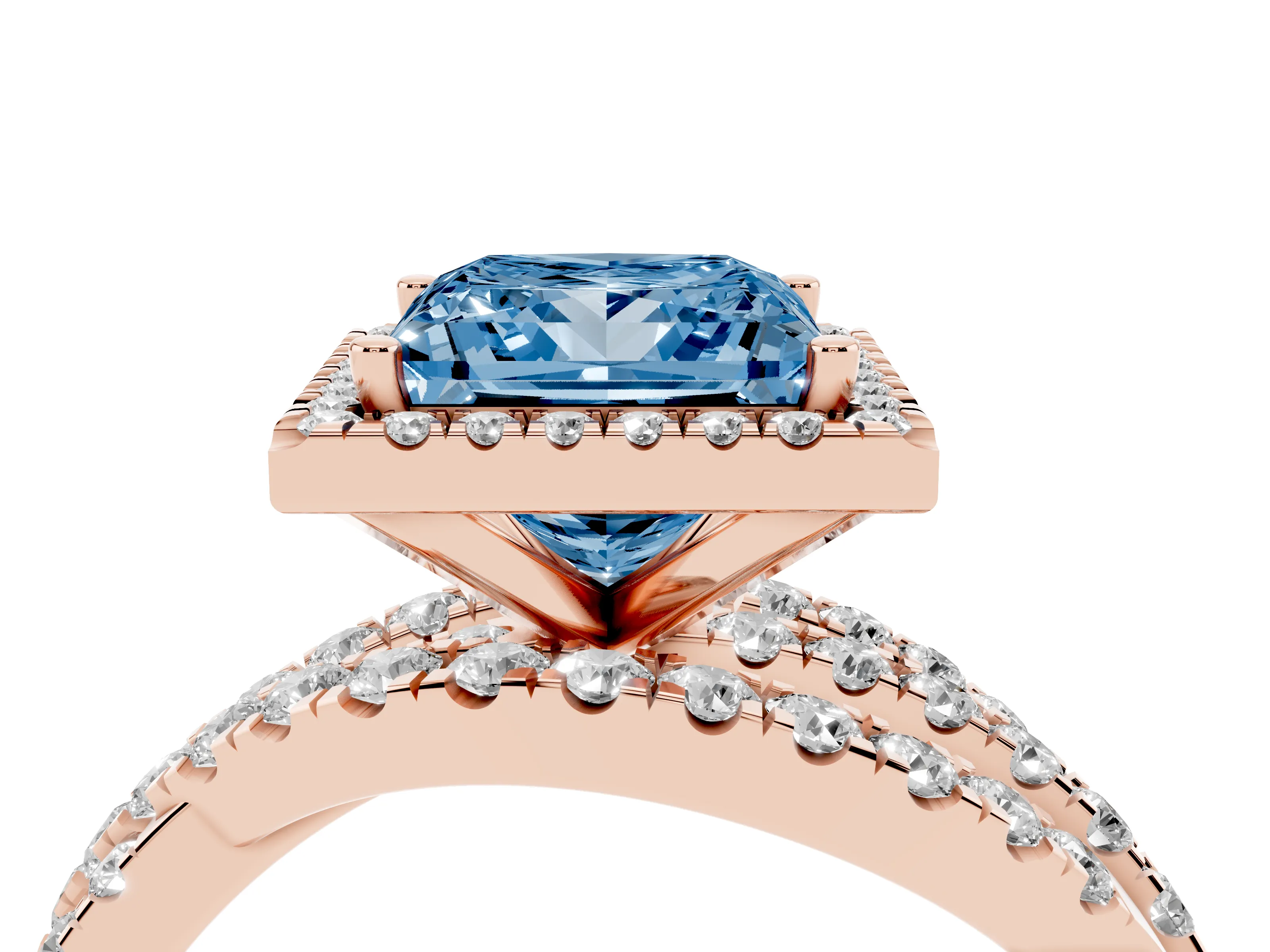 Fancy Blue Princess Cut Diamond Halo Ring Set in Rose gold with Round Crossover Split Shank and Prong Setting
