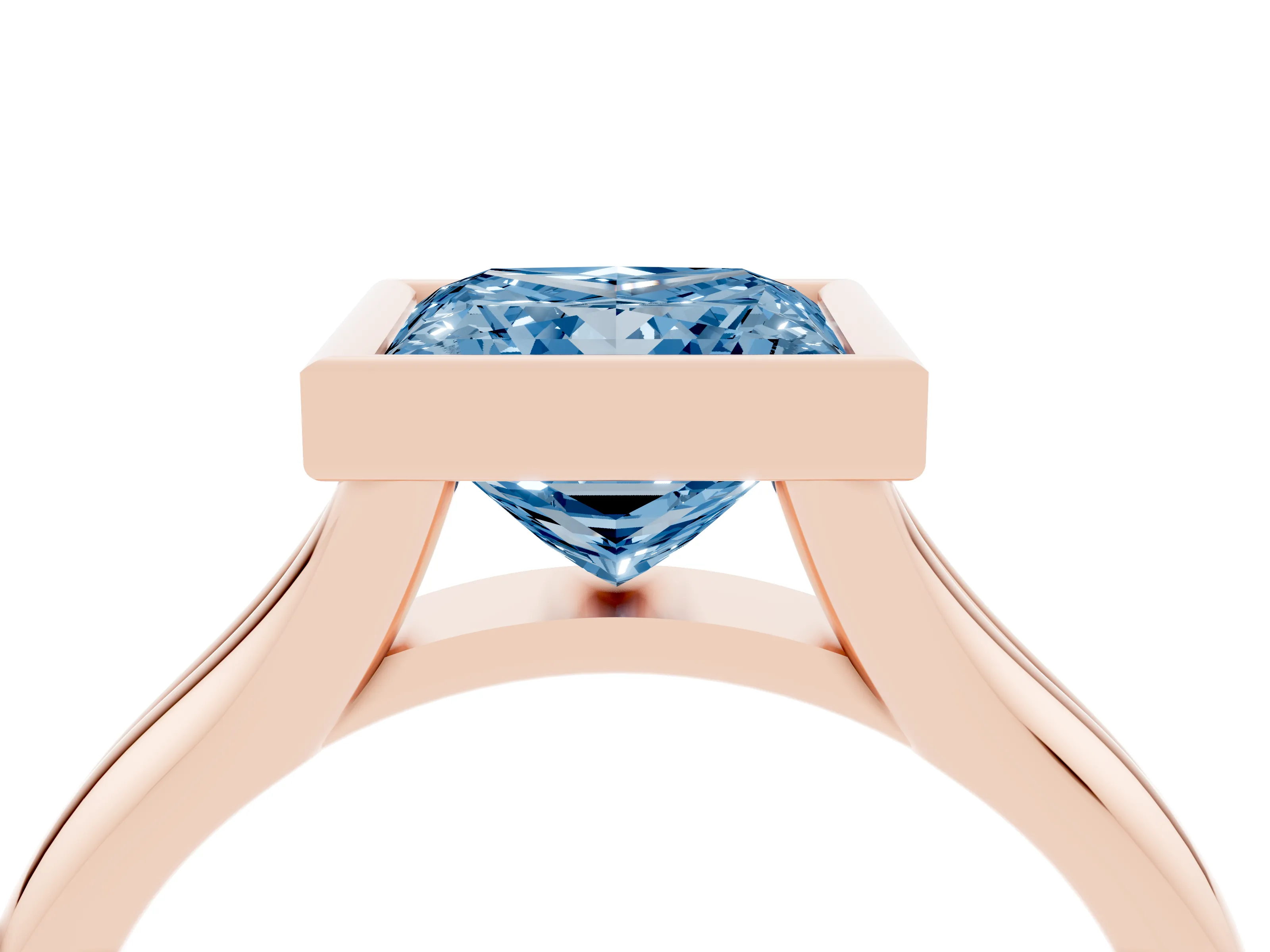 Fancy Blue Bezel Set Princess Cut Diamond Solitaire Ring Set in Rose gold with Smooth Band