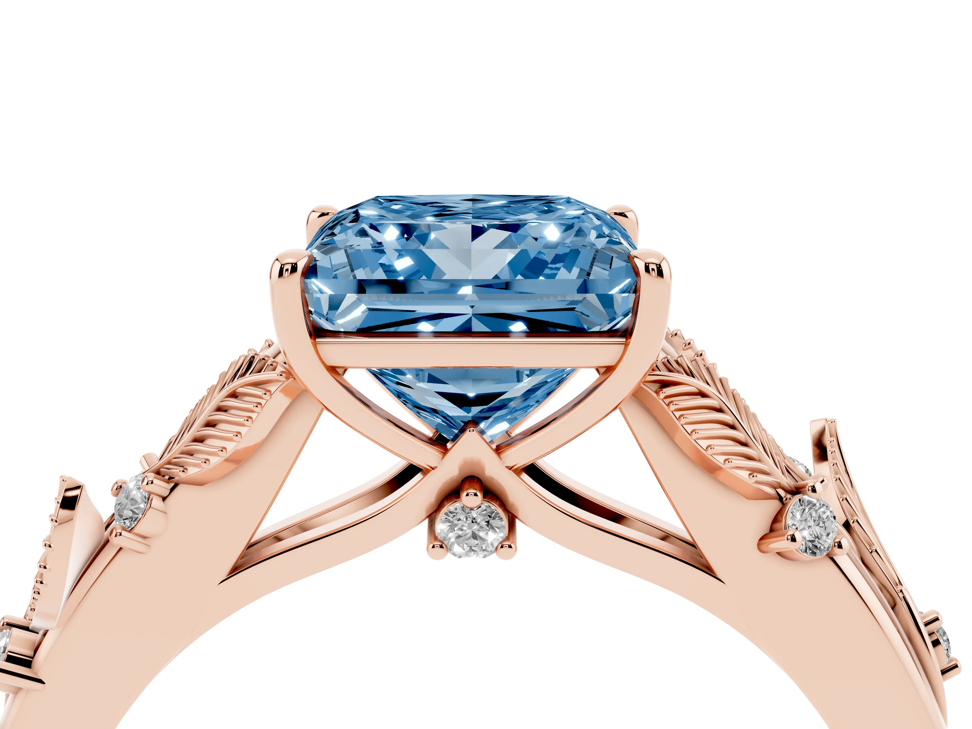 Fancy Blue Princess Cut Diamond Solitaire Ring Set in Rose gold with Leaf Motif Band