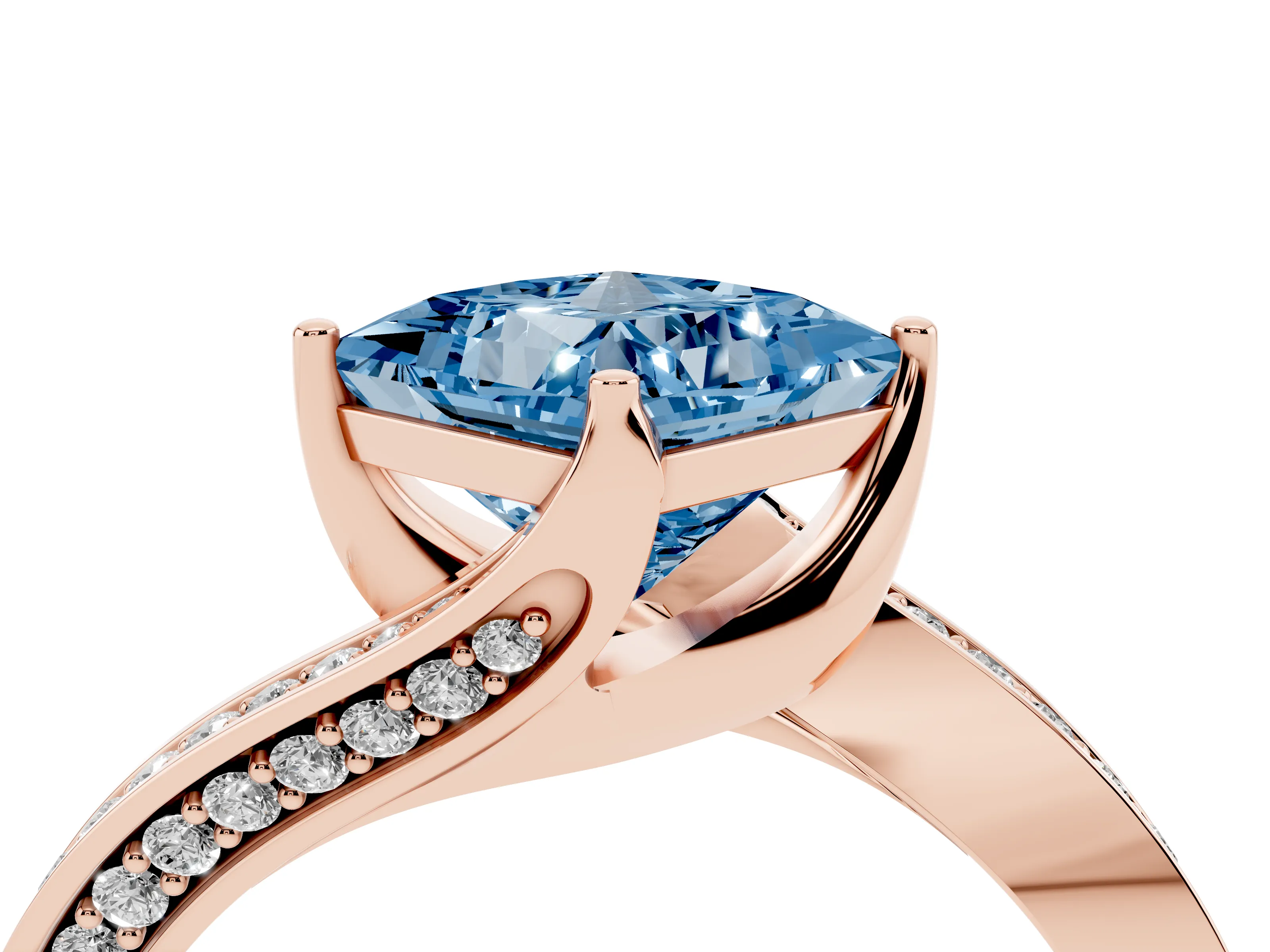 Fancy Blue Princess Cut Diamond Solitaire Ring Set in Rose gold with Intertwined Pavé Twist Band