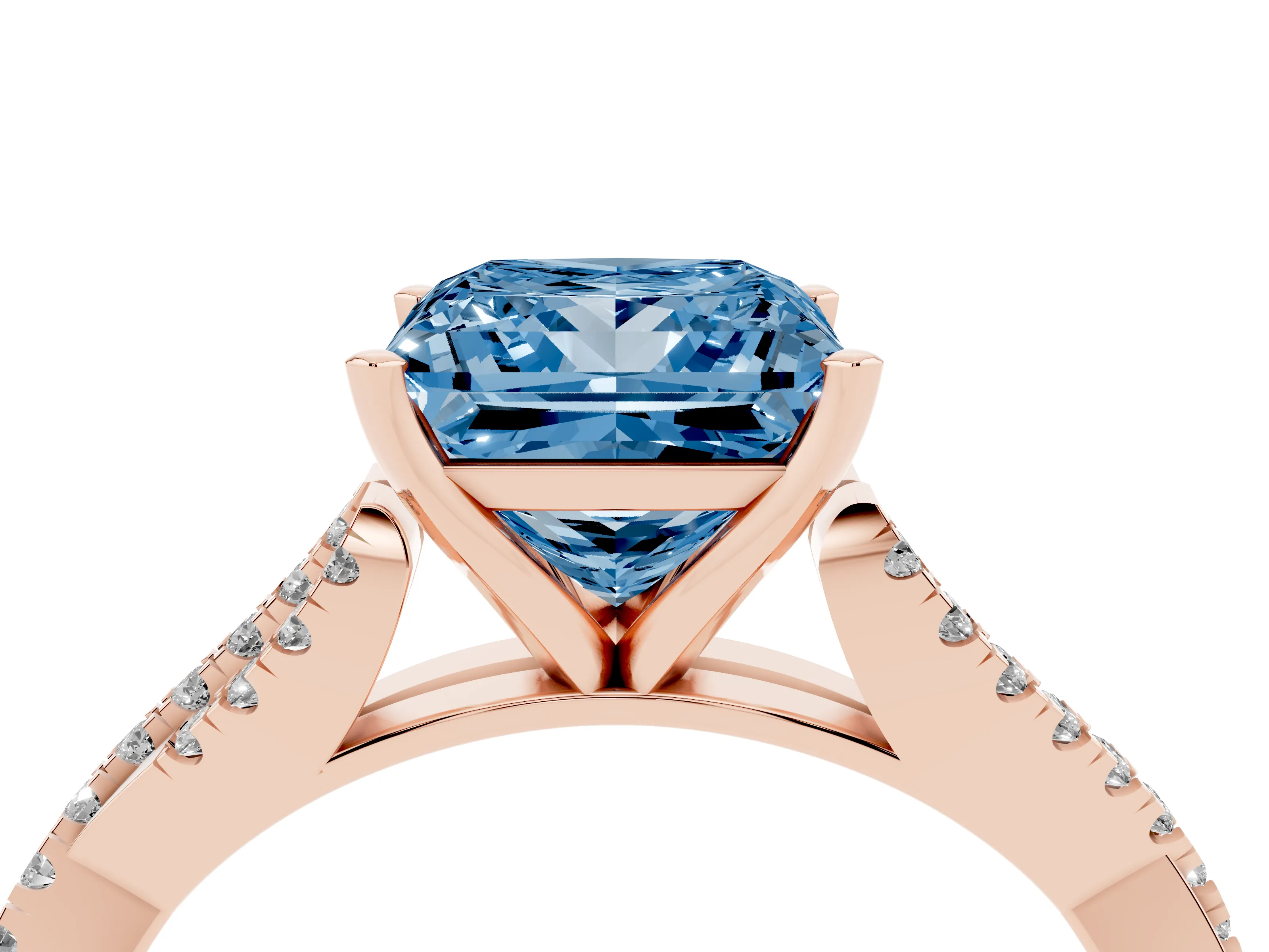 Fancy Blue Princess Cut Diamond Solitaire Engagement Ring Set in Rose gold with Twisted Pavé Band and Prong Setting