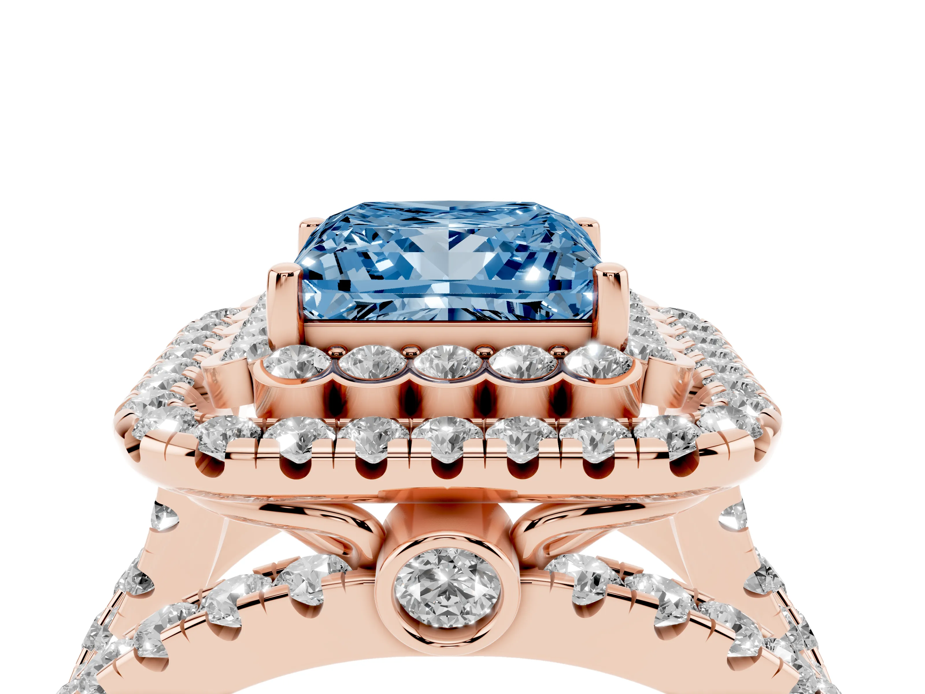 Fancy Blue Princess Cut Diamond Double Halo Ring Set in Rose gold with Round Pavé Split Shank