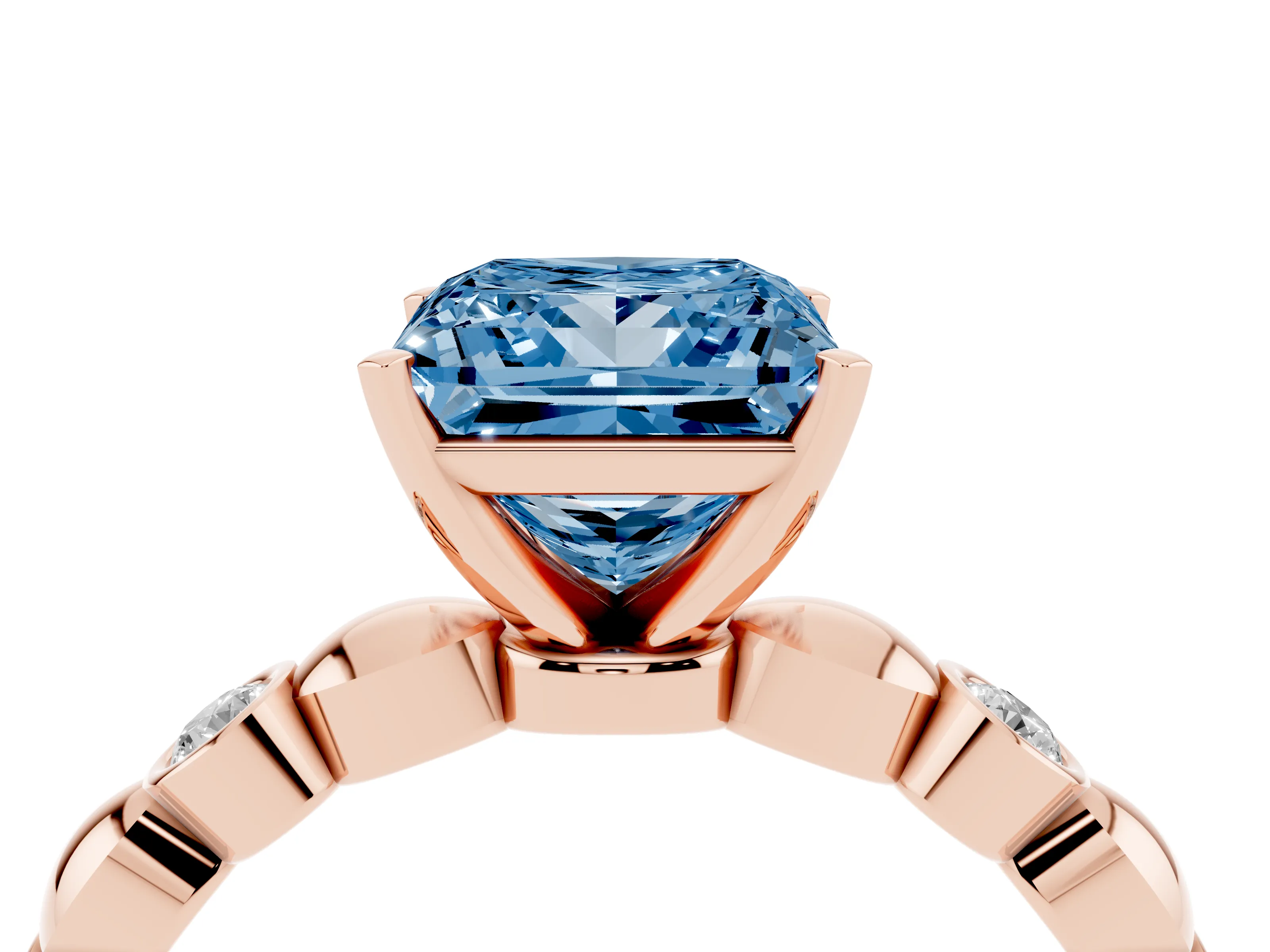 Fancy Blue Princess Cut Diamond Solitaire Ring Set in Rose gold with Bezel-Set Accents on Beaded Band and Prong Setting