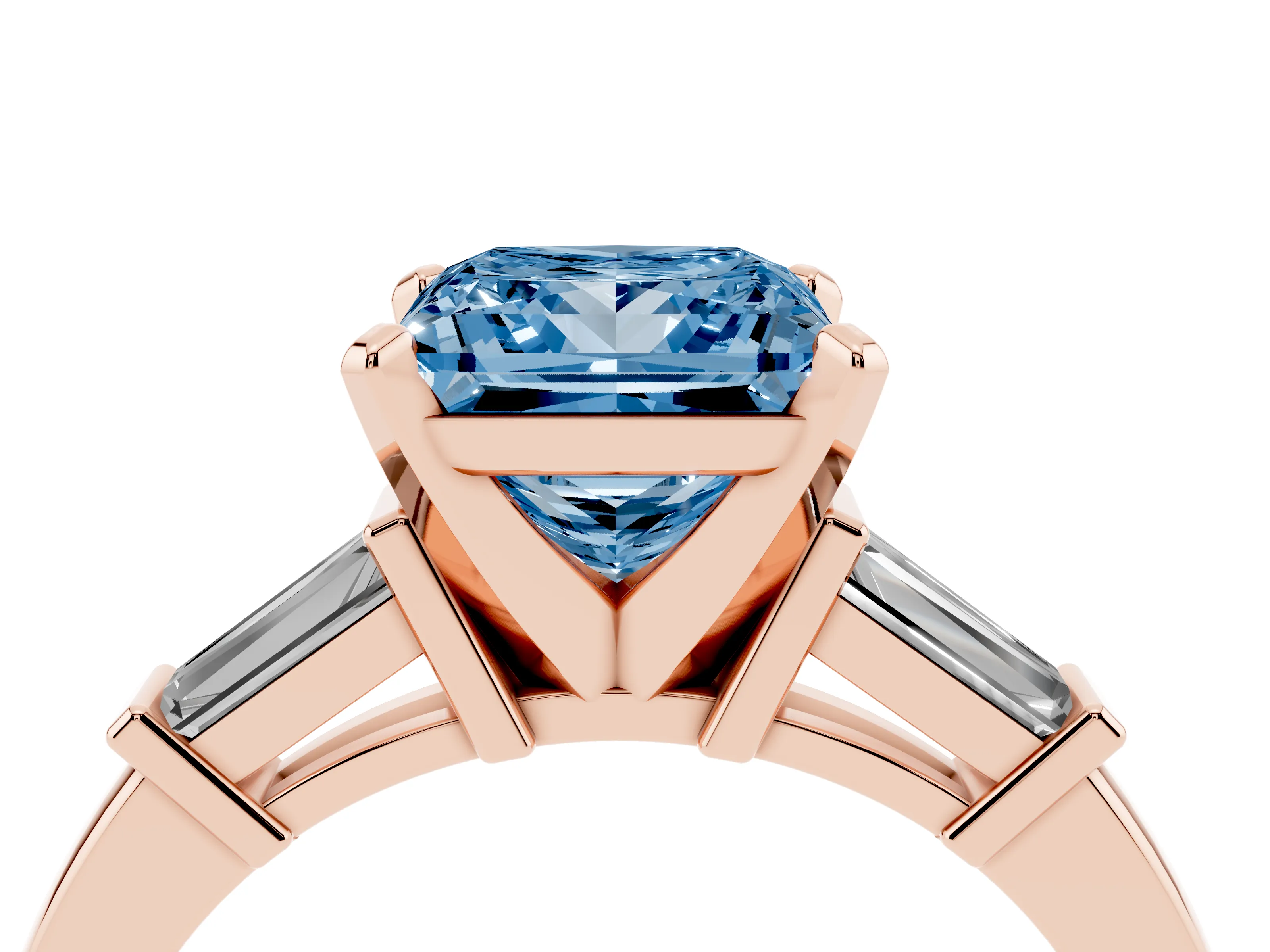 Fancy Blue Princess Cut Diamond Solitaire Ring Set in Rose gold with Tapered Baguette Accents and Prong Setting
