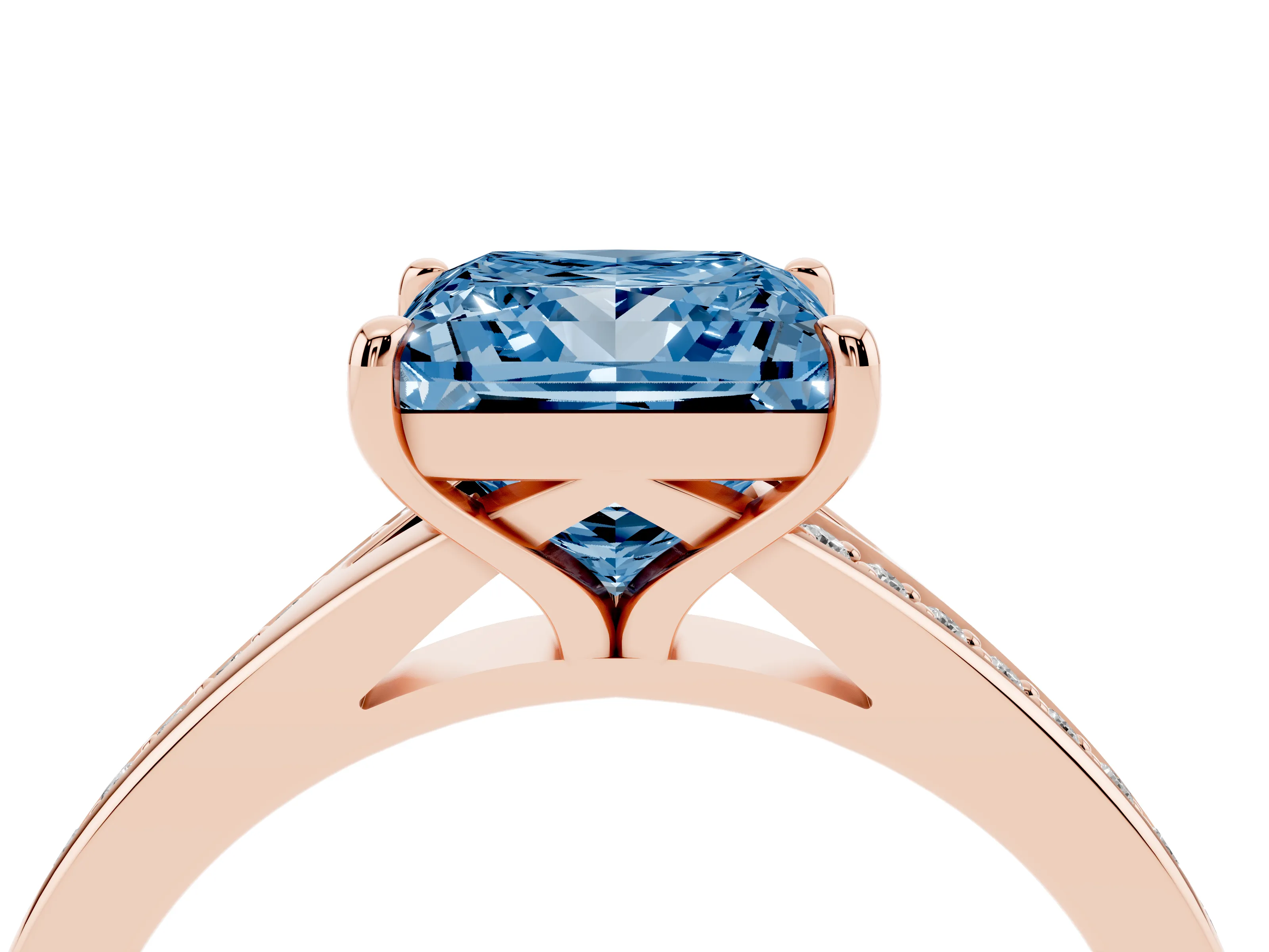 Fancy Blue Princess Cut Diamond Solitaire Ring Set in Rose gold with Pavé Accent Band and Classic Prong Setting