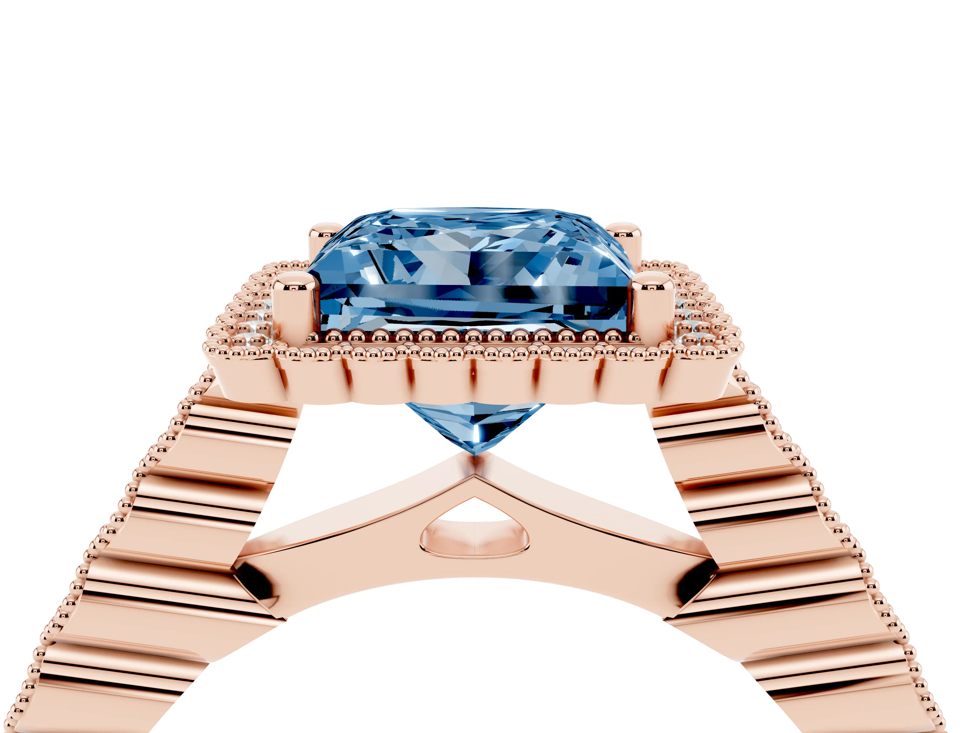 Fancy Blue Princess Cut Diamond Halo Ring Set in Rose gold with Pavé Milgrain Band
