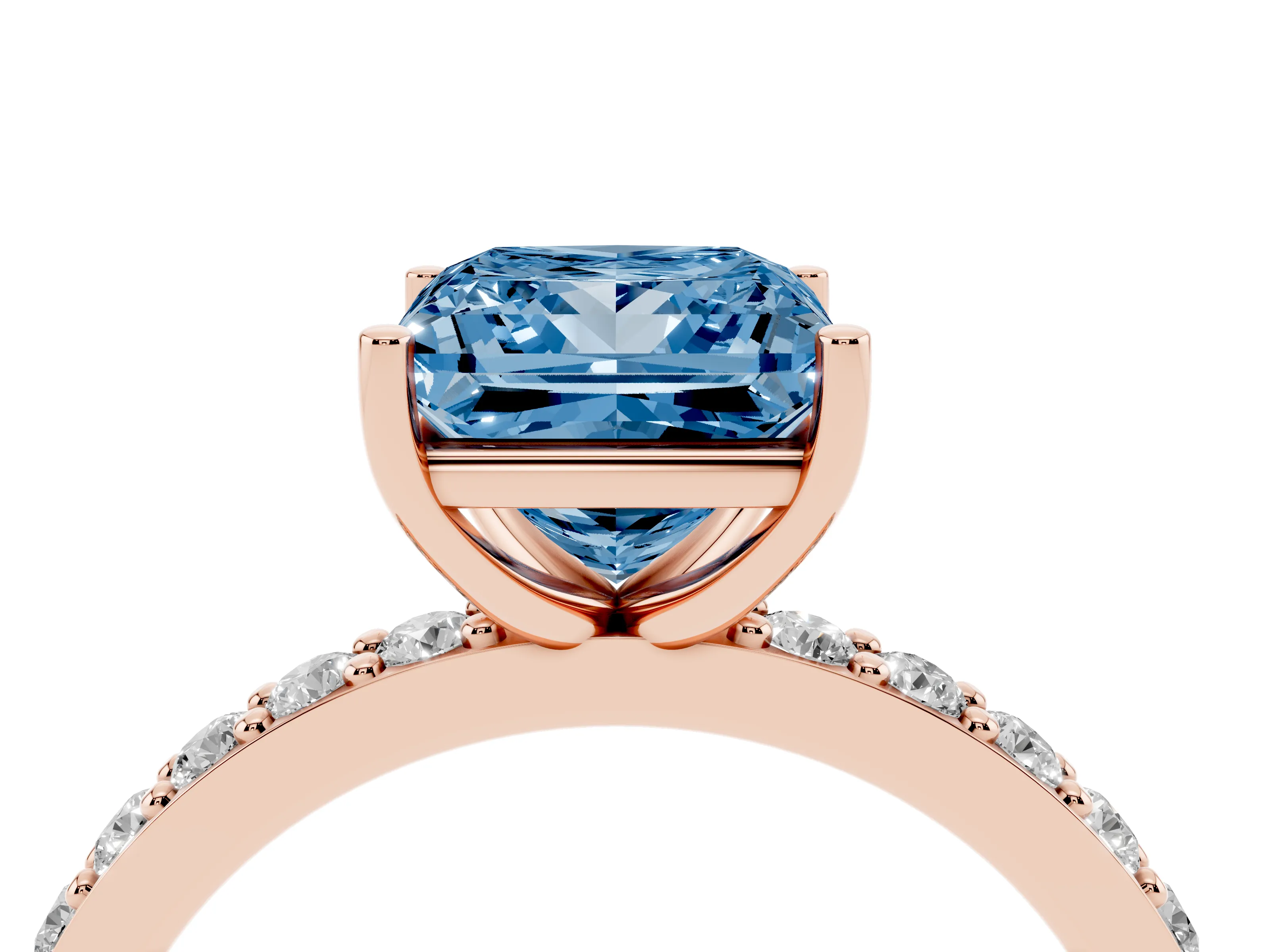 Fancy Blue Princess Cut Diamond Solitaire Set in Rose gold with Round Pavé Band and Prong Setting