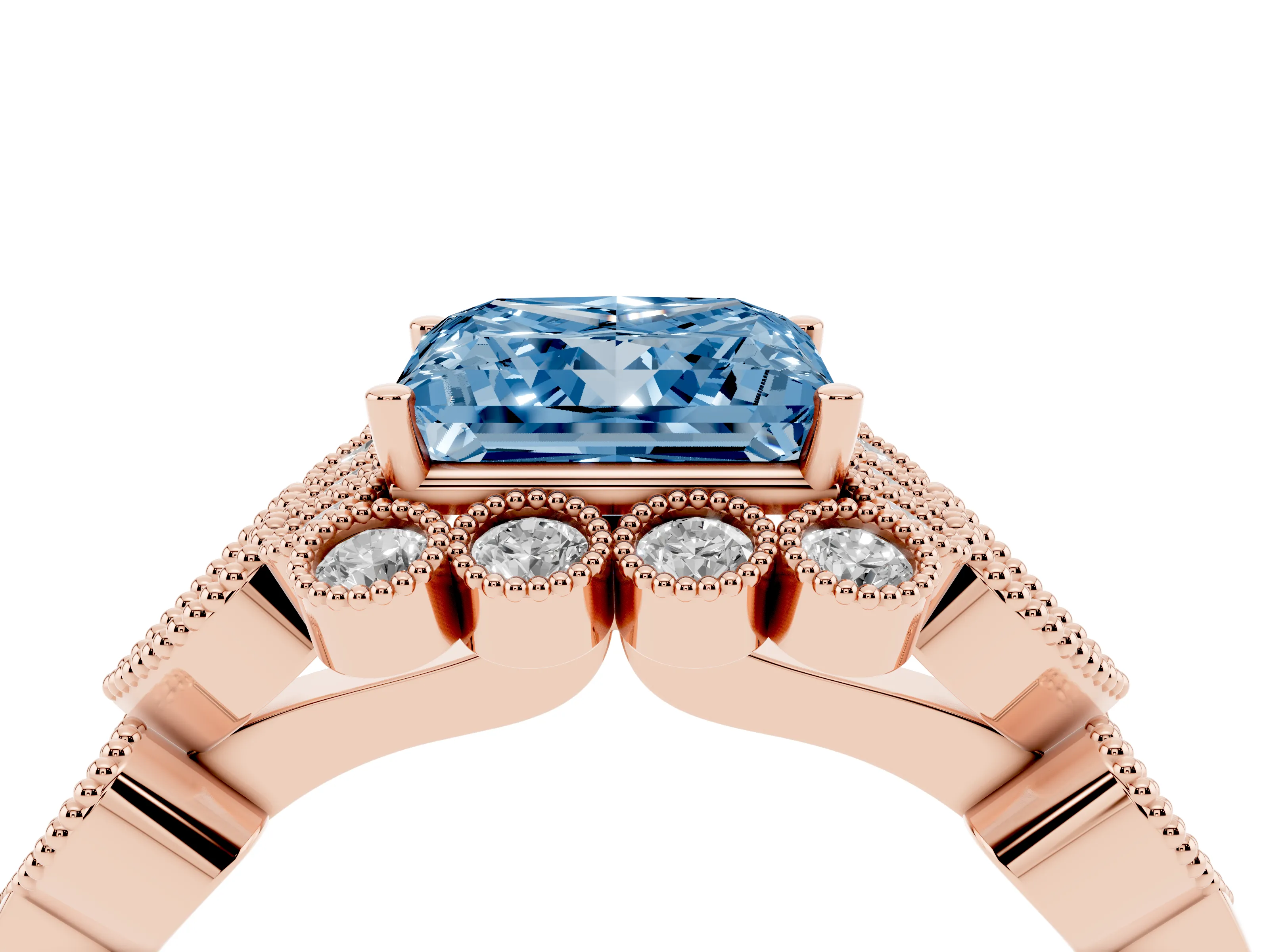 Fancy Blue Princess Cut Diamond Solitaire Ring Set in Rose gold with Milgrain Pavé Heart Band