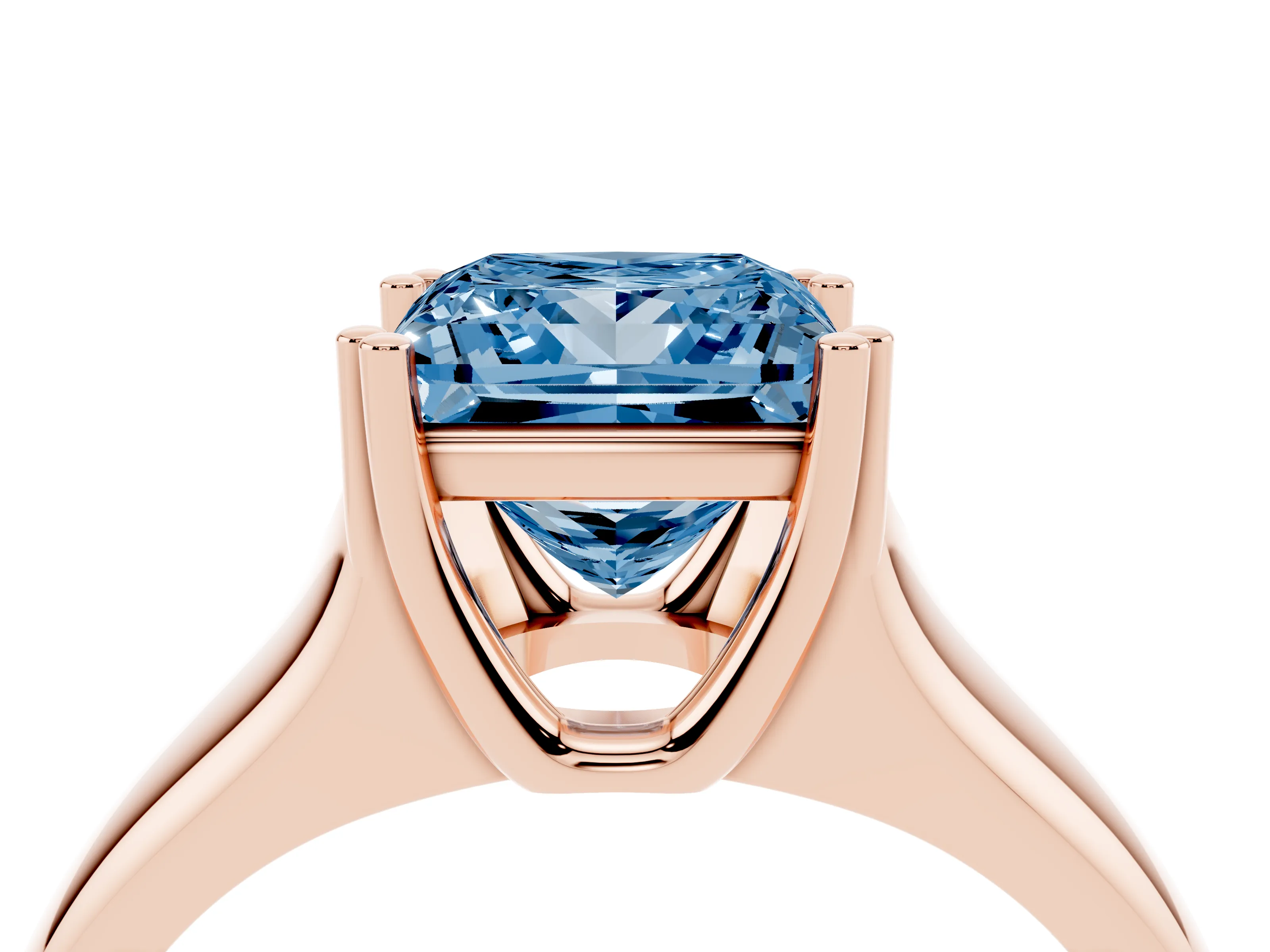 Fancy Blue Princess Cut Diamond Solitaire Ring Set in Rose gold with Wide Band and Prong Setting