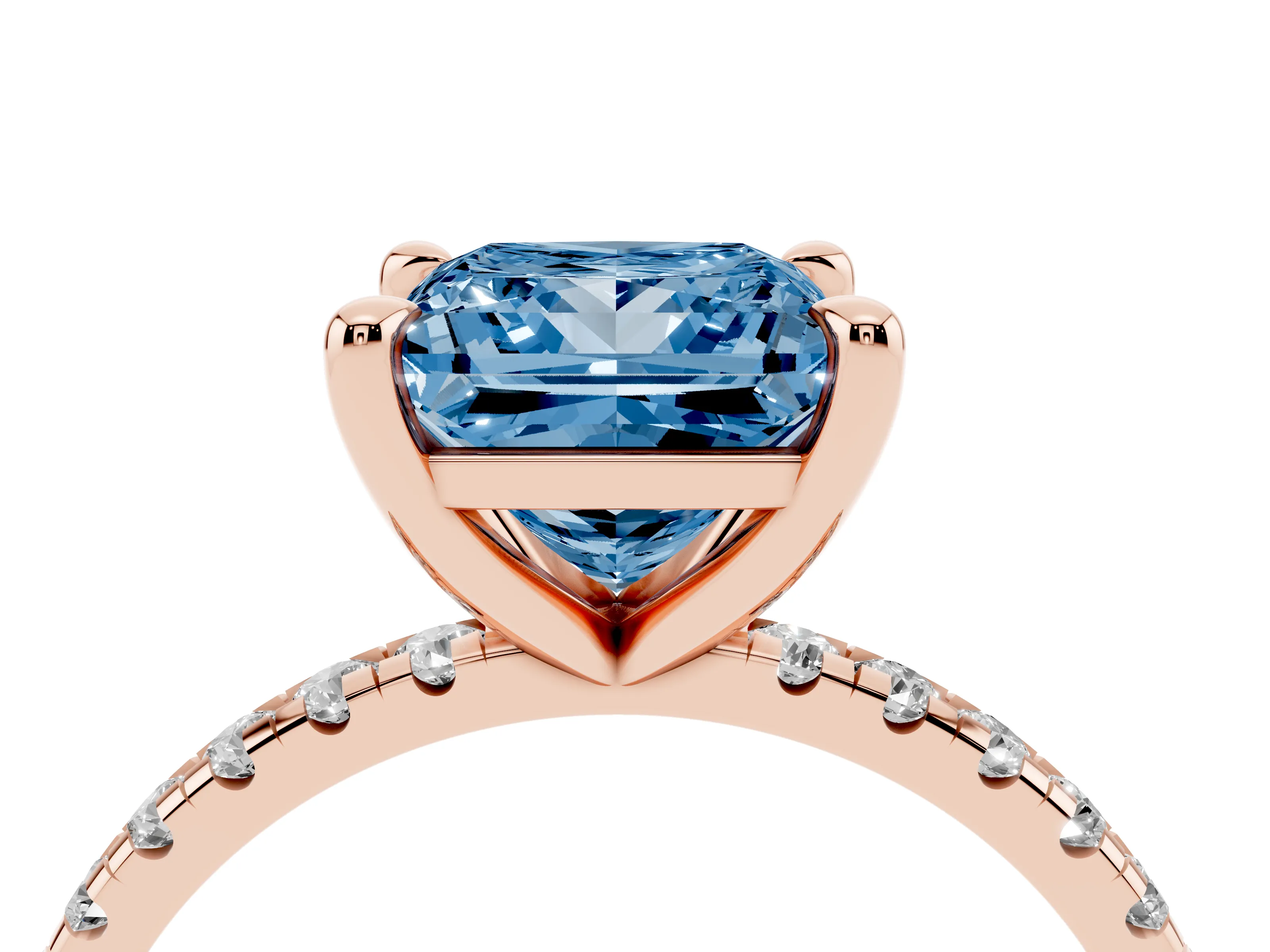 Fancy Blue Princess Cut Diamond Brilliant Solitaire Ring Set in Rose gold with Pavé Band and Prong Setting