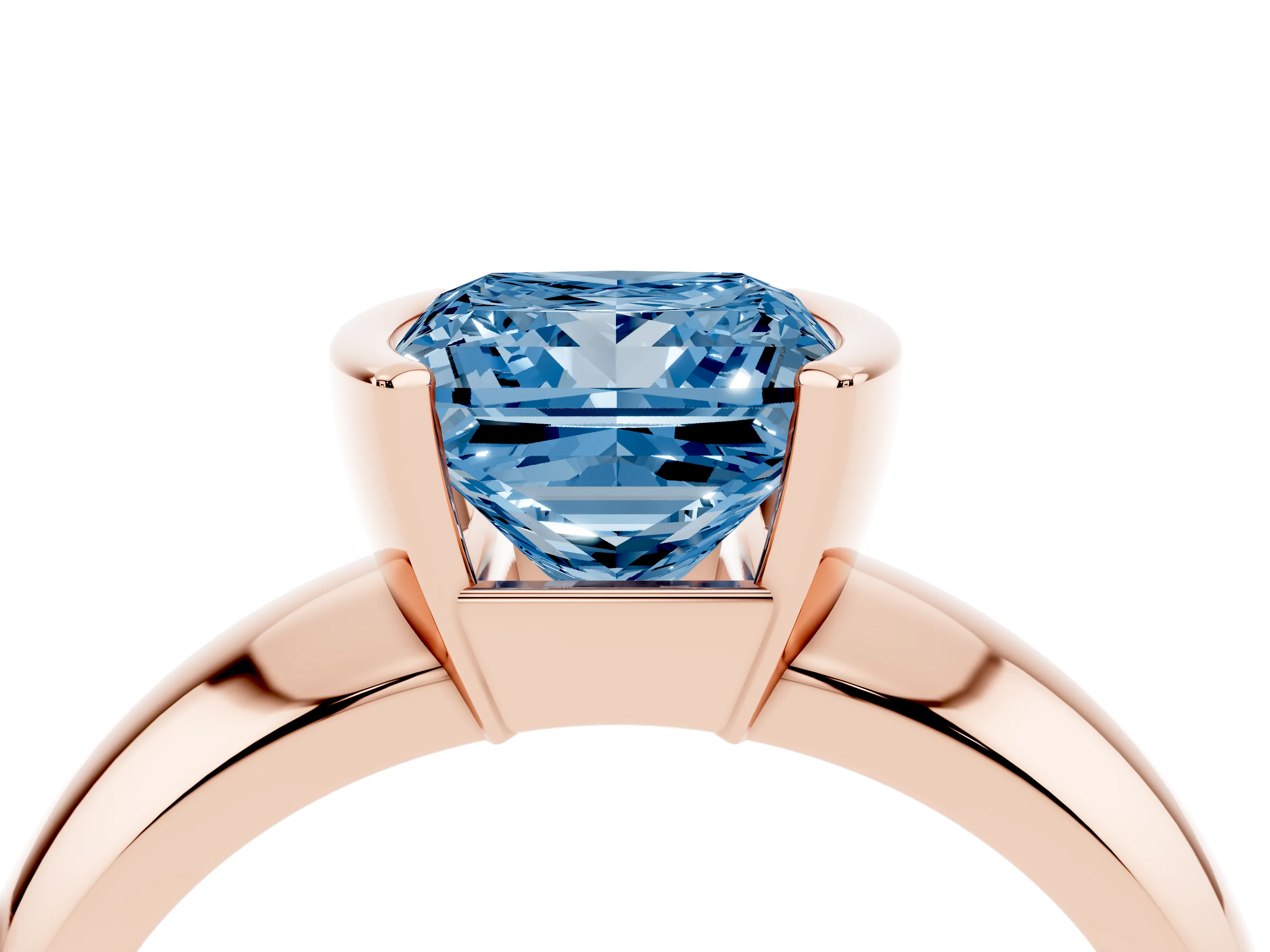 Fancy Blue Princess Cut Diamond Solitaire Tension Set Ring Set in Rose gold with Wide Band