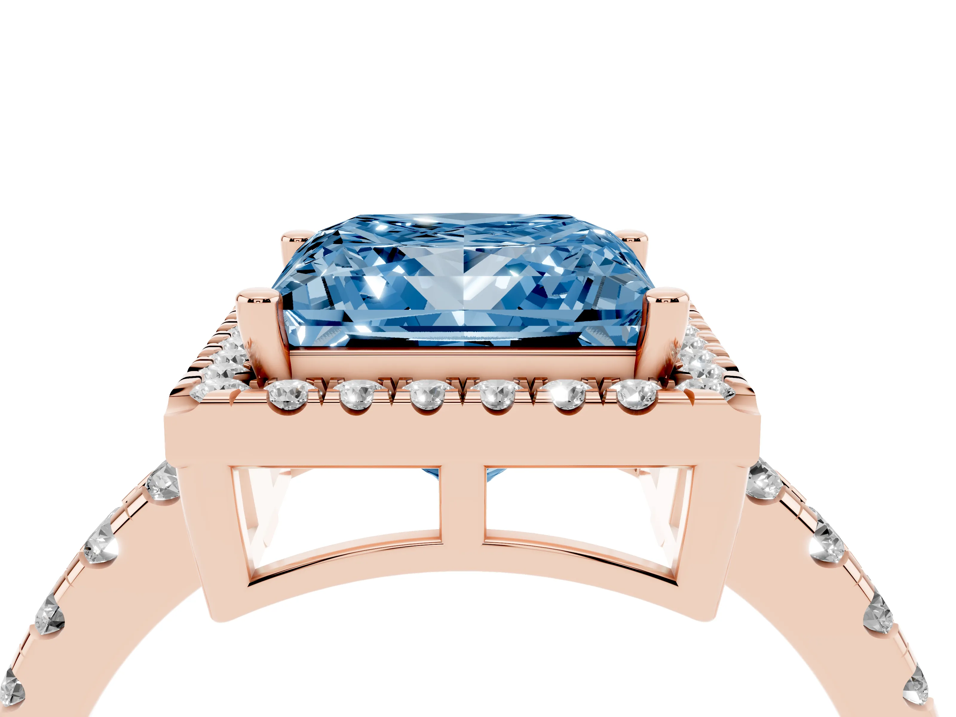 Fancy Blue Princess Cut Diamond Halo Ring Set in Rose gold with Delicate Pavé Band and Prong Setting